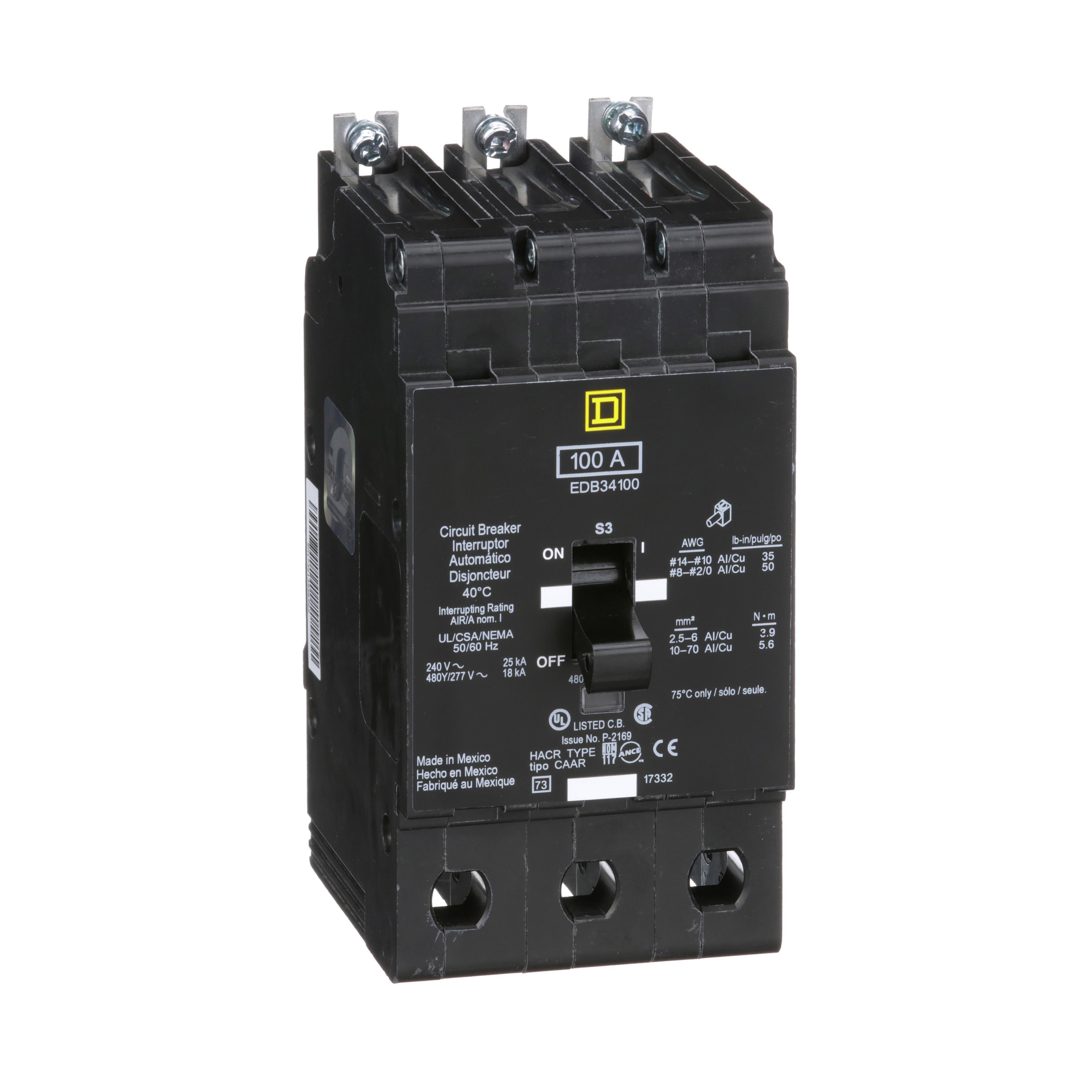 EDB34100 - [TAA] Mini circuit breaker, E-Frame, 100A, 3 pole, 480Y/277VAC, 25kA max, bolt on