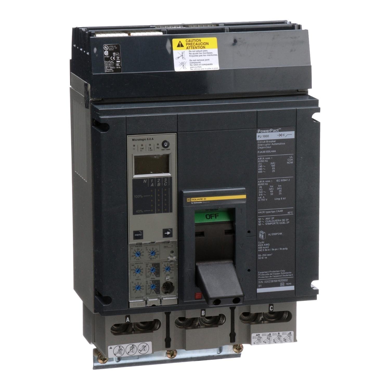 Picture of PJA36100U44A - Circuit breaker, PowerPacT P, 1000A, 3 pole, 600VAC, 25kA, I-Line, Micrologic 6.0A, 80%, ABC