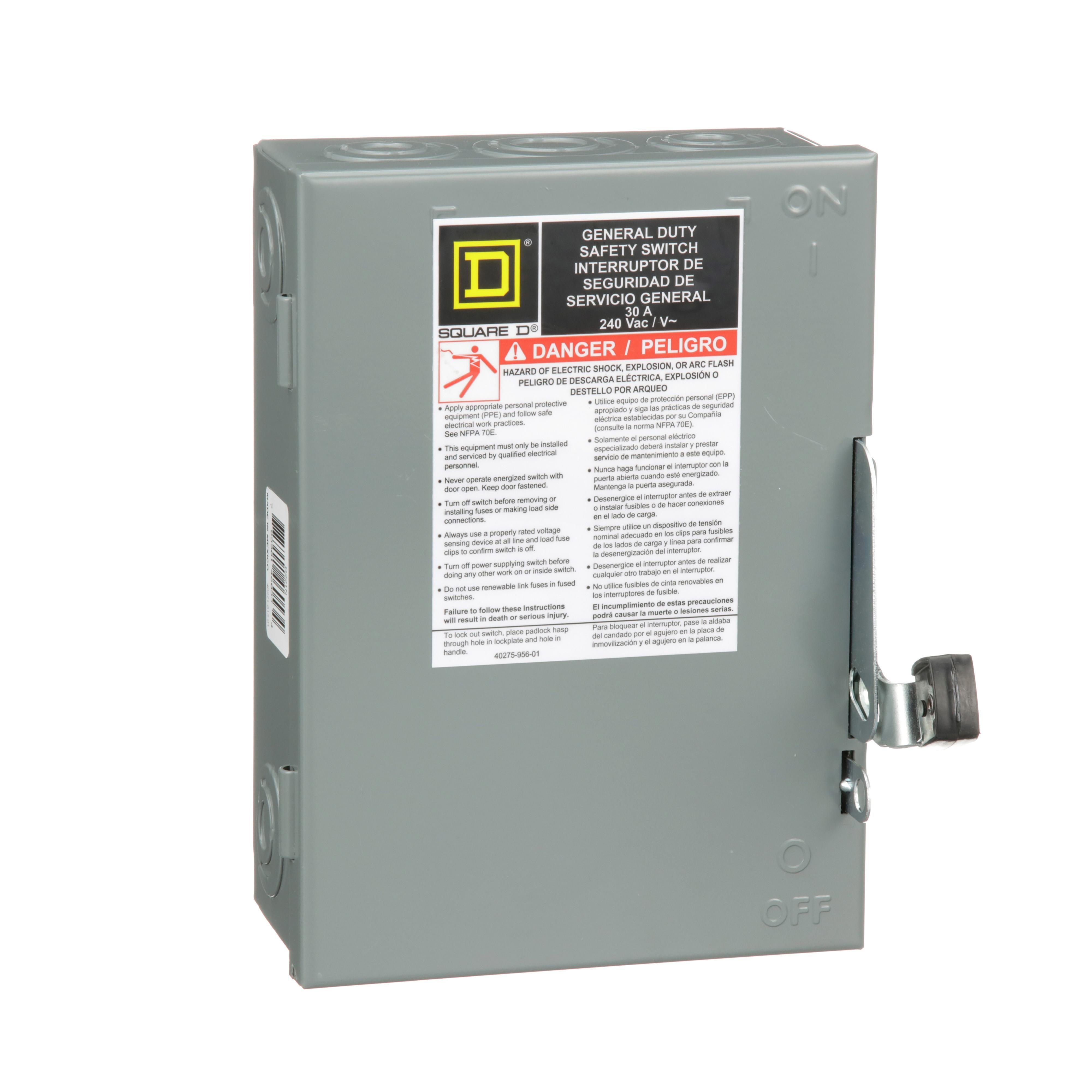 D221N - Safety switch, general duty, fusible, 30A, 2 pole, 7.5hp, 240VAC, NEMA 1, neutral factory installed