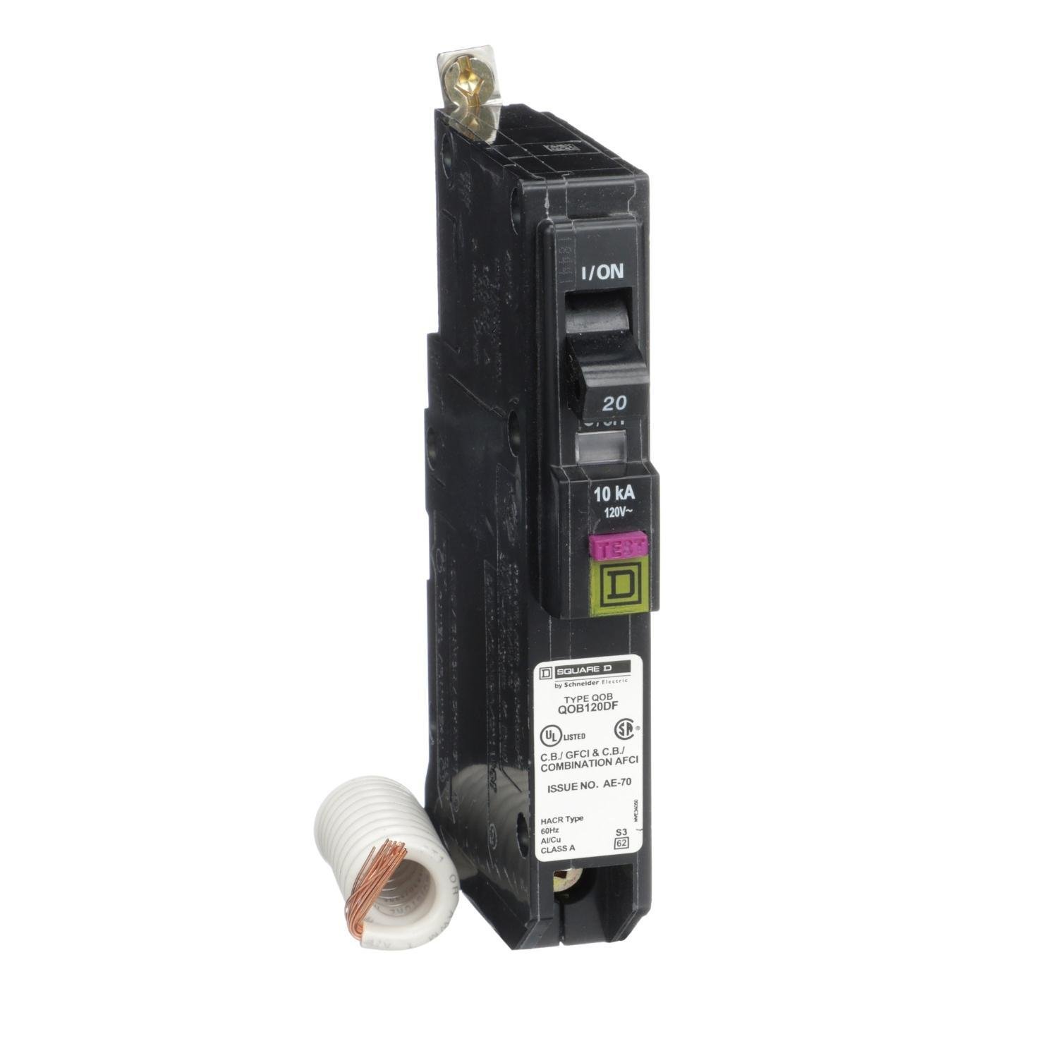 QOB120DF - [TAA] Mini circuit breaker, QO, 20A, 1 pole, 120VAC, 10kA, bolt on, dual function, pigtail