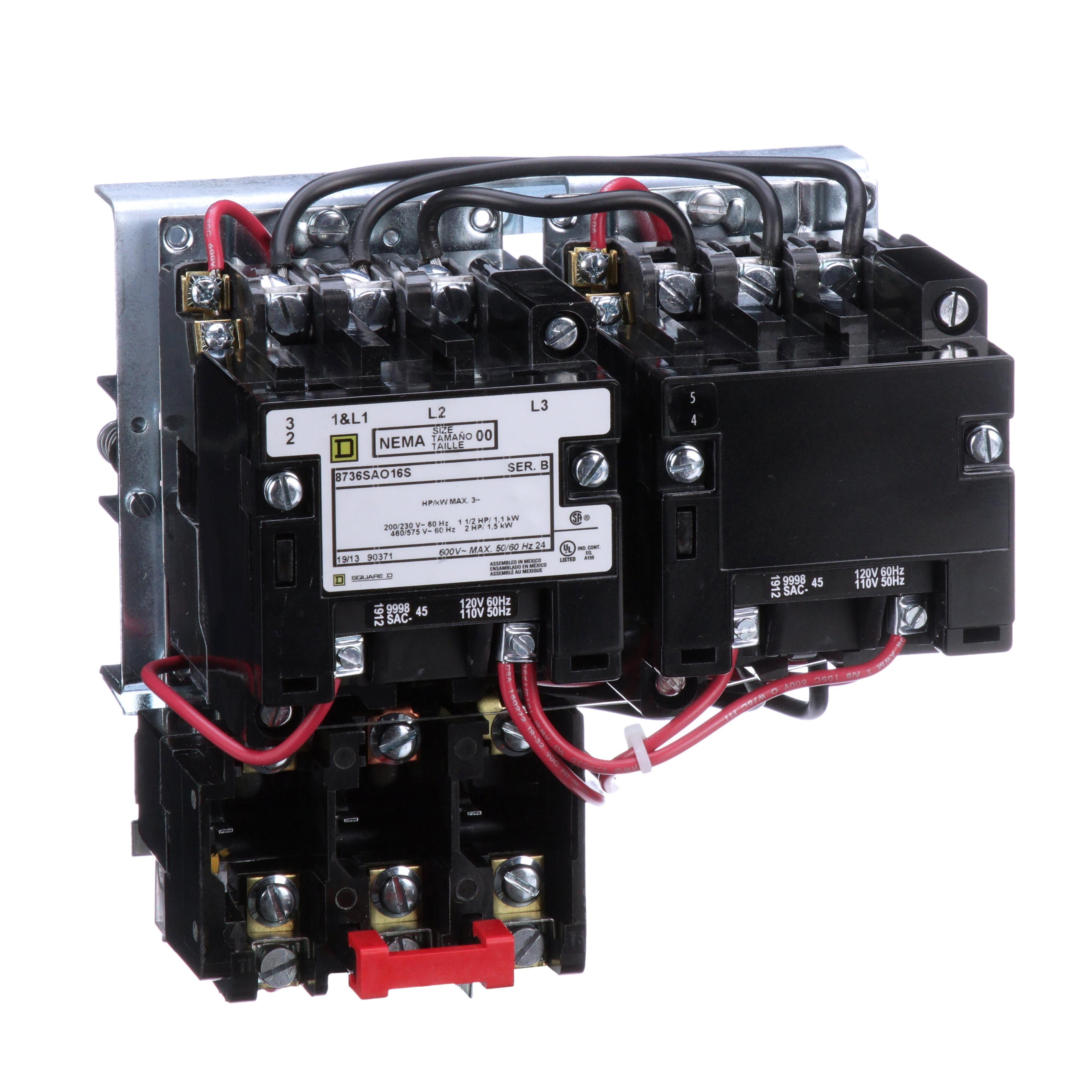 8736SAO16V02S - NEMA starter, Type S, reversing, horizontal, Size 00, 9A, 2HP at 575VAC, 5kA SCCR, 3 phase, 3 pole, melting alloy overload, 120VAC coil, open [TAA]