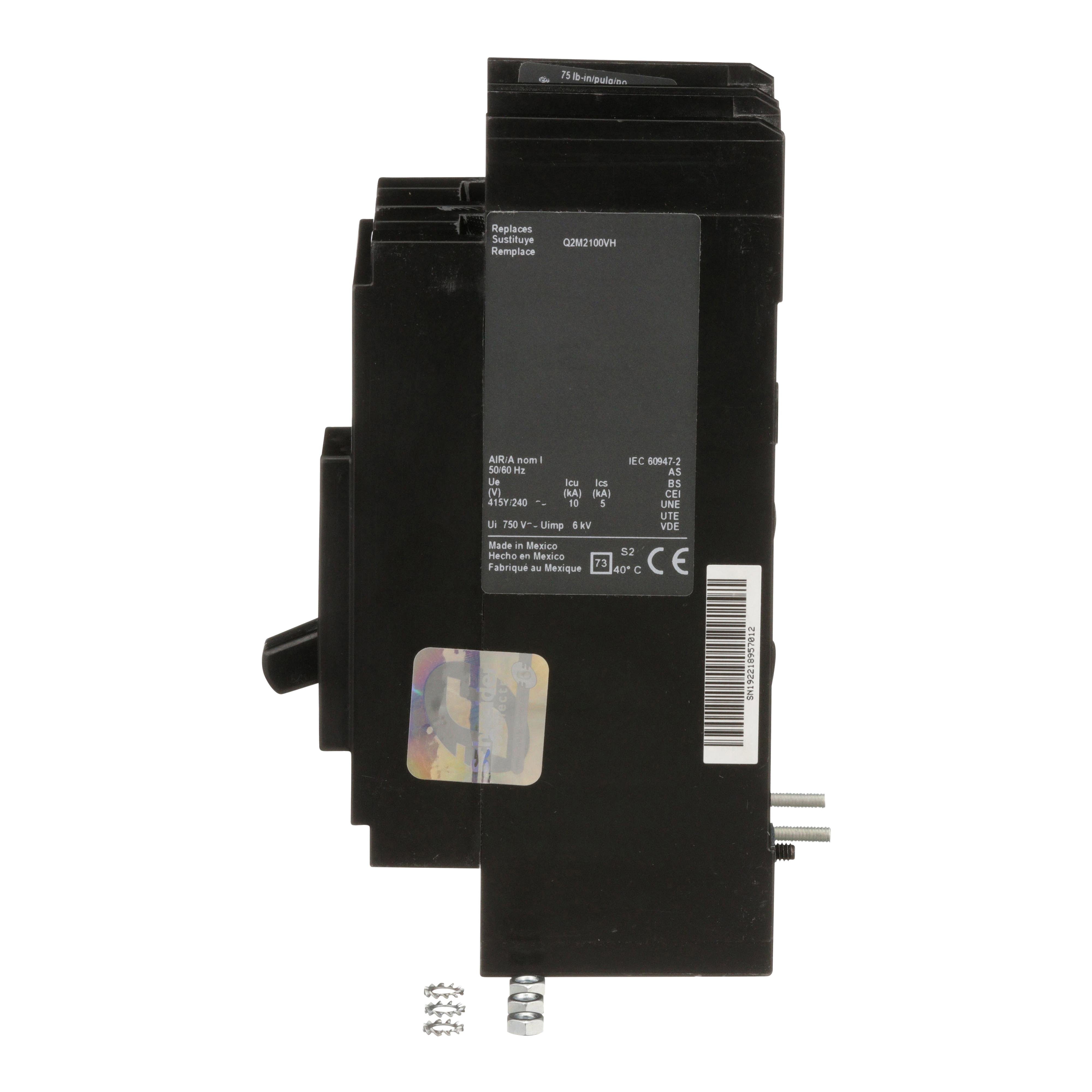 Picture of QDP22100TM - Circuit breaker, PowerPacT Q, 100A, 2 pole, 240VAC, 25kA, lugs, thermal magnetic, 80%, bottom of panel
