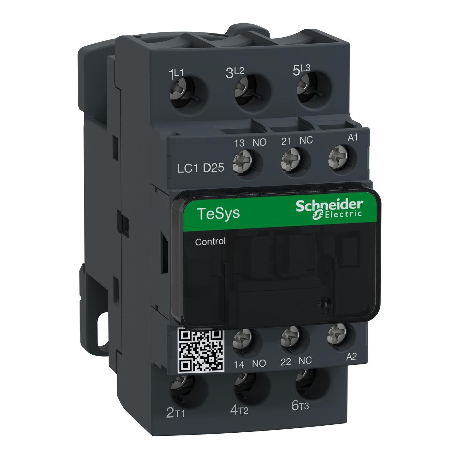 Picture of LC1D25T7 - IEC contactor, TeSys Deca, nonreversing, 25A, 15HP at 480VAC, up to 100kA SCCR, 3 phase, 3 NO, 480VAC 50/60Hz coil, open