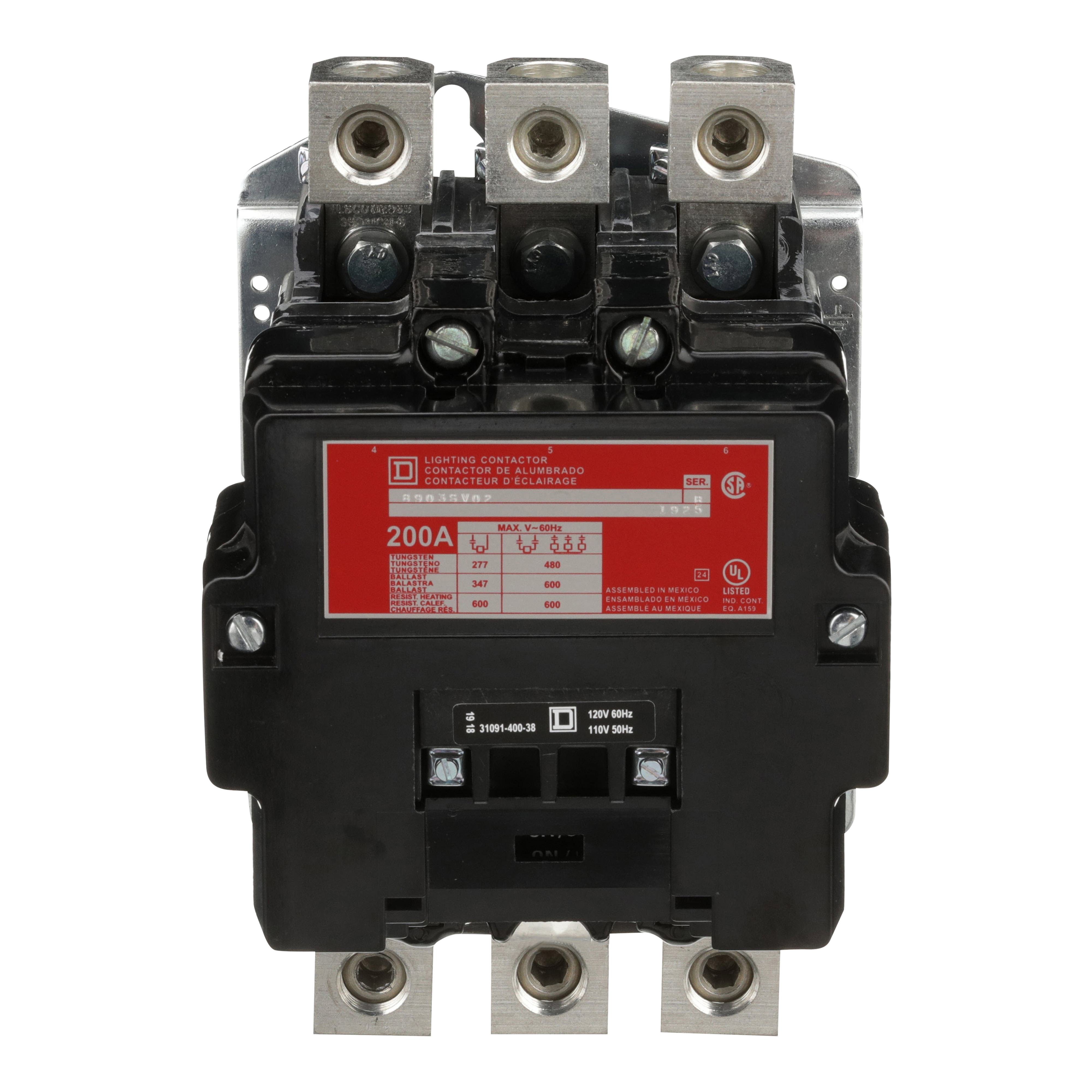 Picture of 8903SVO2V02 - Contactor, Type S, multipole lighting, electrically held, 200A, 3 pole, 110/120VAC 50/60Hz coil, open style [TAA]