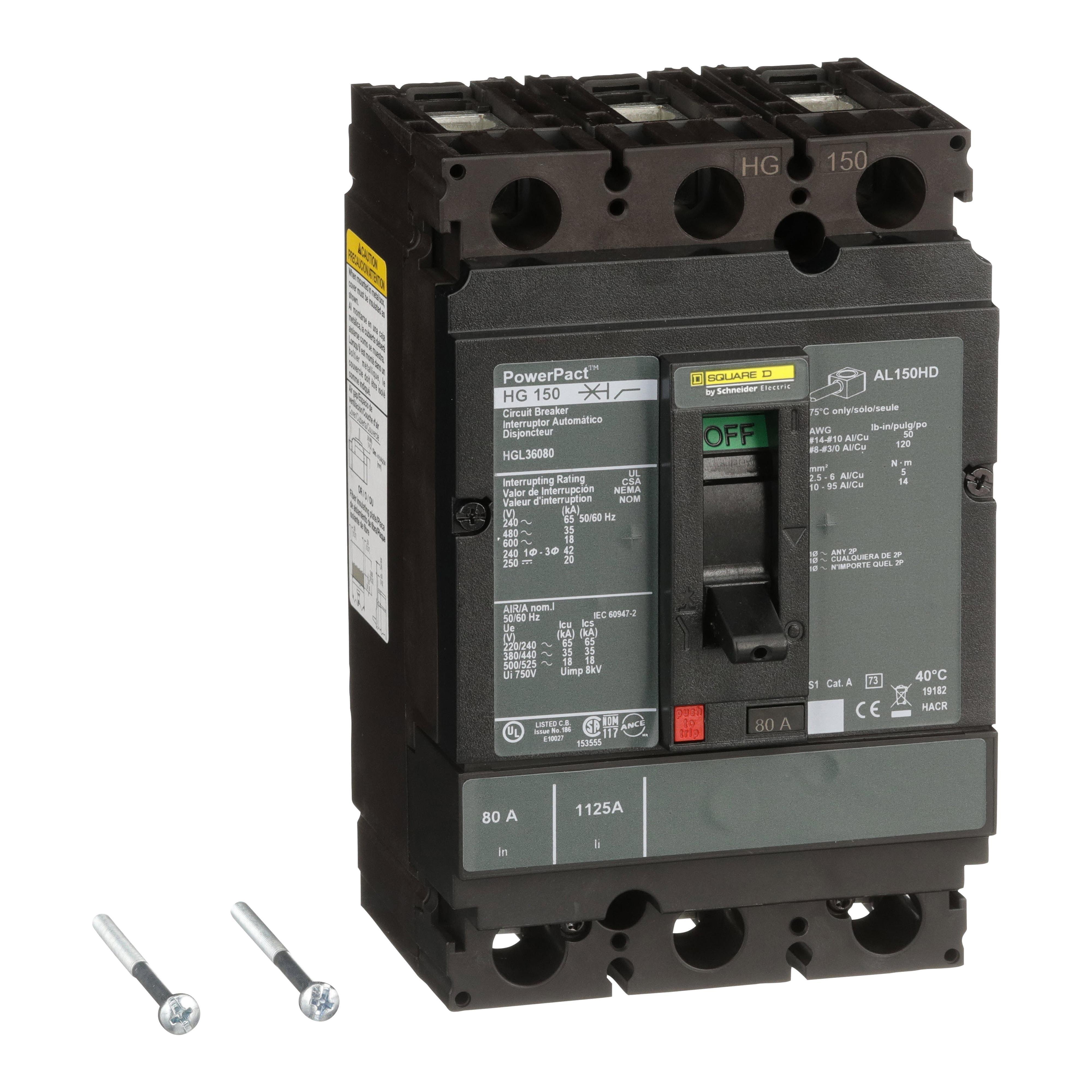HGL36080 - Circuit breaker, PowerPacT H, 80A, 3 pole, 600VAC, 18kA, lugs, thermal magnetic, 80%