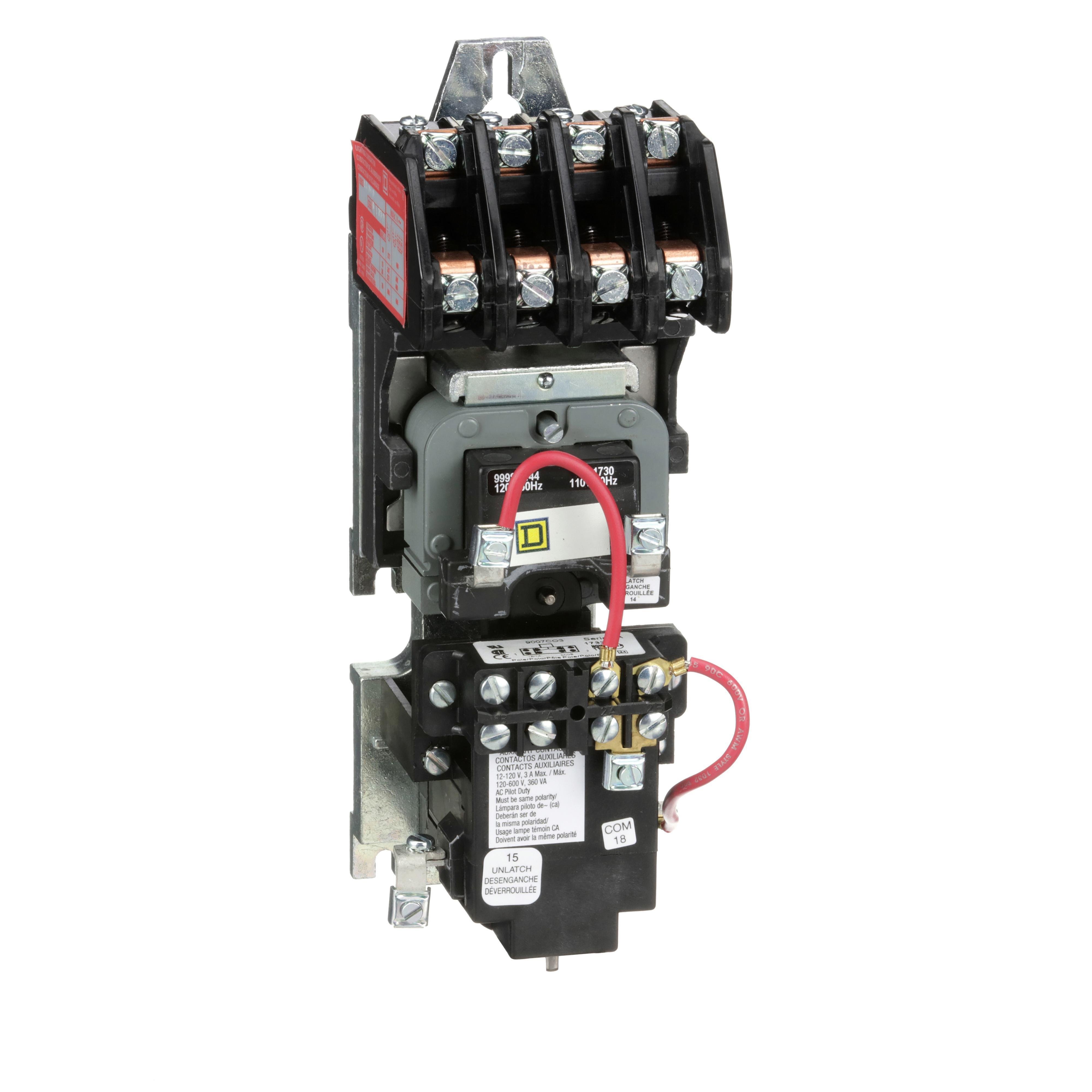 8903LXO40V02 - Contactor, Type L, multipole lighting, mechanically held, 30A, 4 pole, 600V, 110/120VAC 50/60Hz coil, open style [TAA]