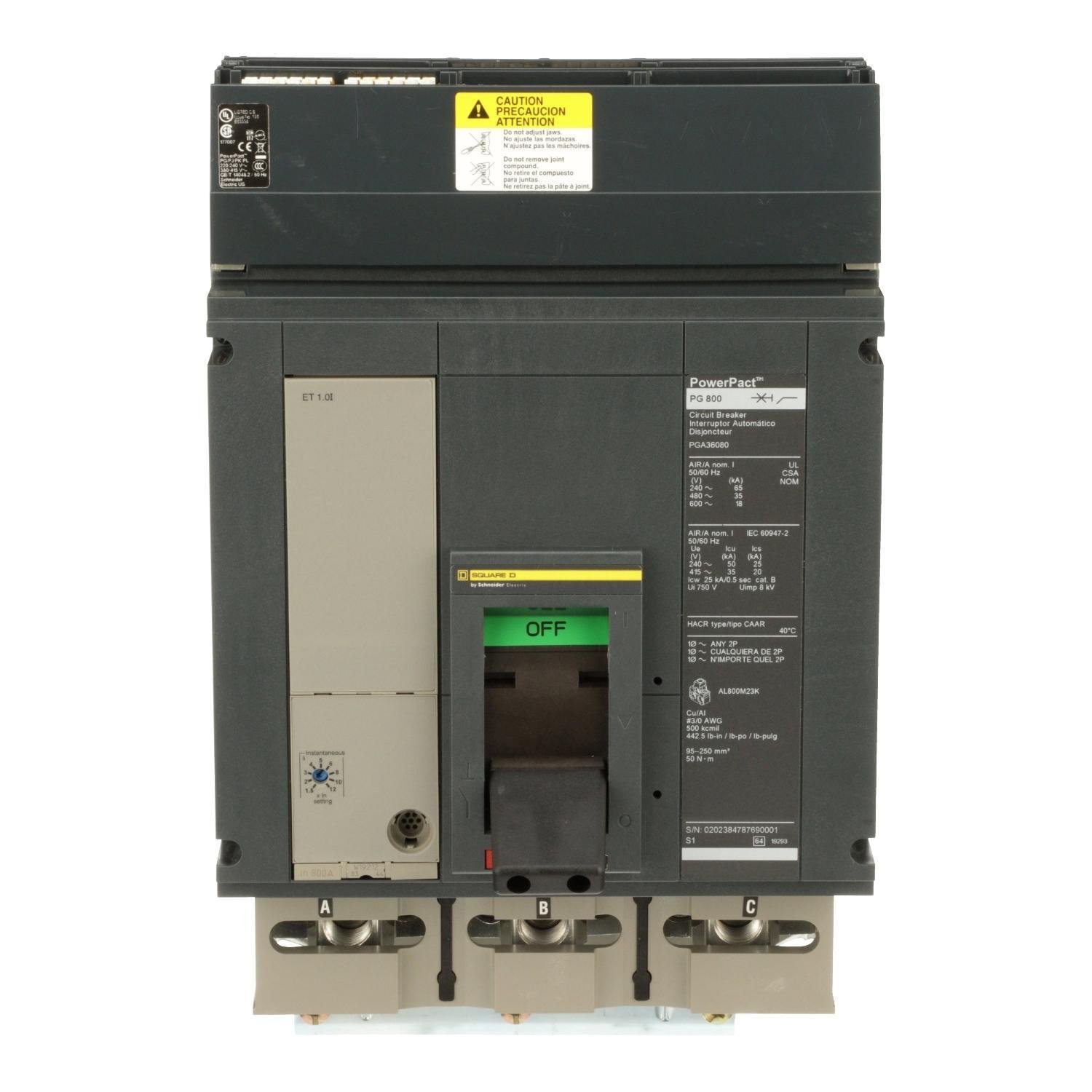 PGA36080 - Circuit breaker, PowerPacT P, 800A, 3 pole, 600VAC, 18kA, I-Line, ET1.0l, 80%, ABC