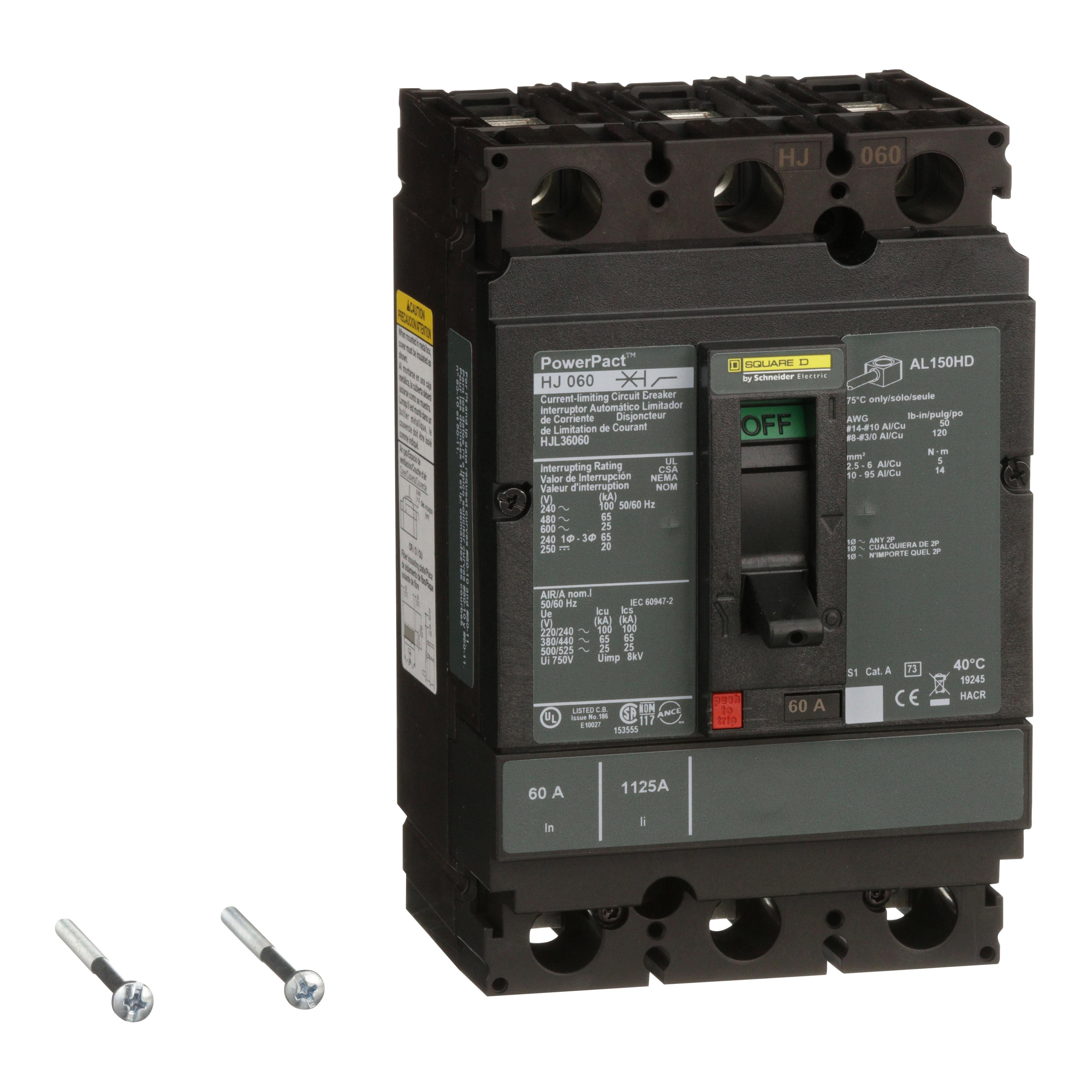 HJL36060 - Circuit breaker, PowerPacT H, 60A, 3 pole, 600VAC, 25kA, lugs, thermal magnetic, 80%