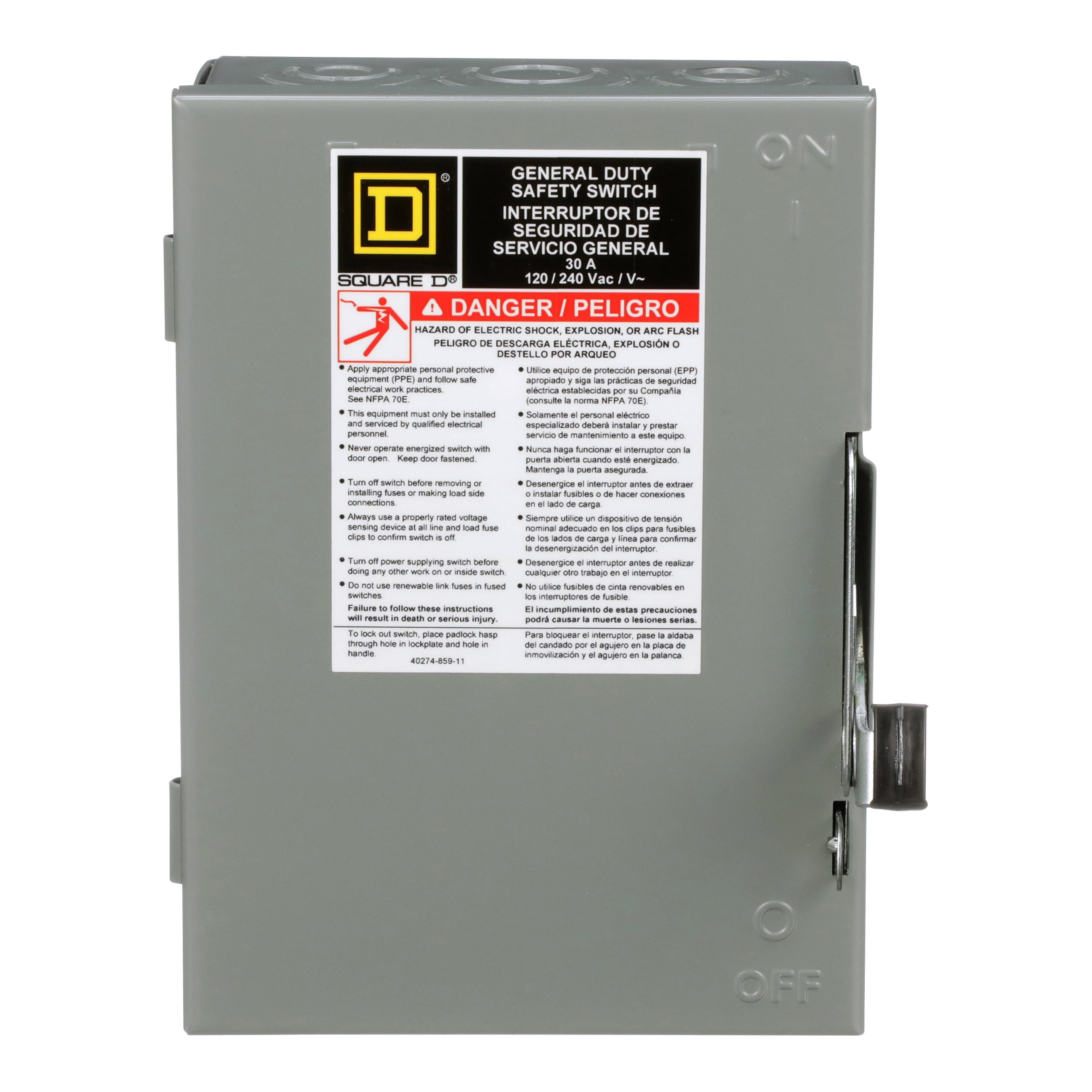 Picture of D211N - Safety switch, general duty, fusible, 2 pole, 3 wire, 120/240VAC, 30A, Type 1, with neutral