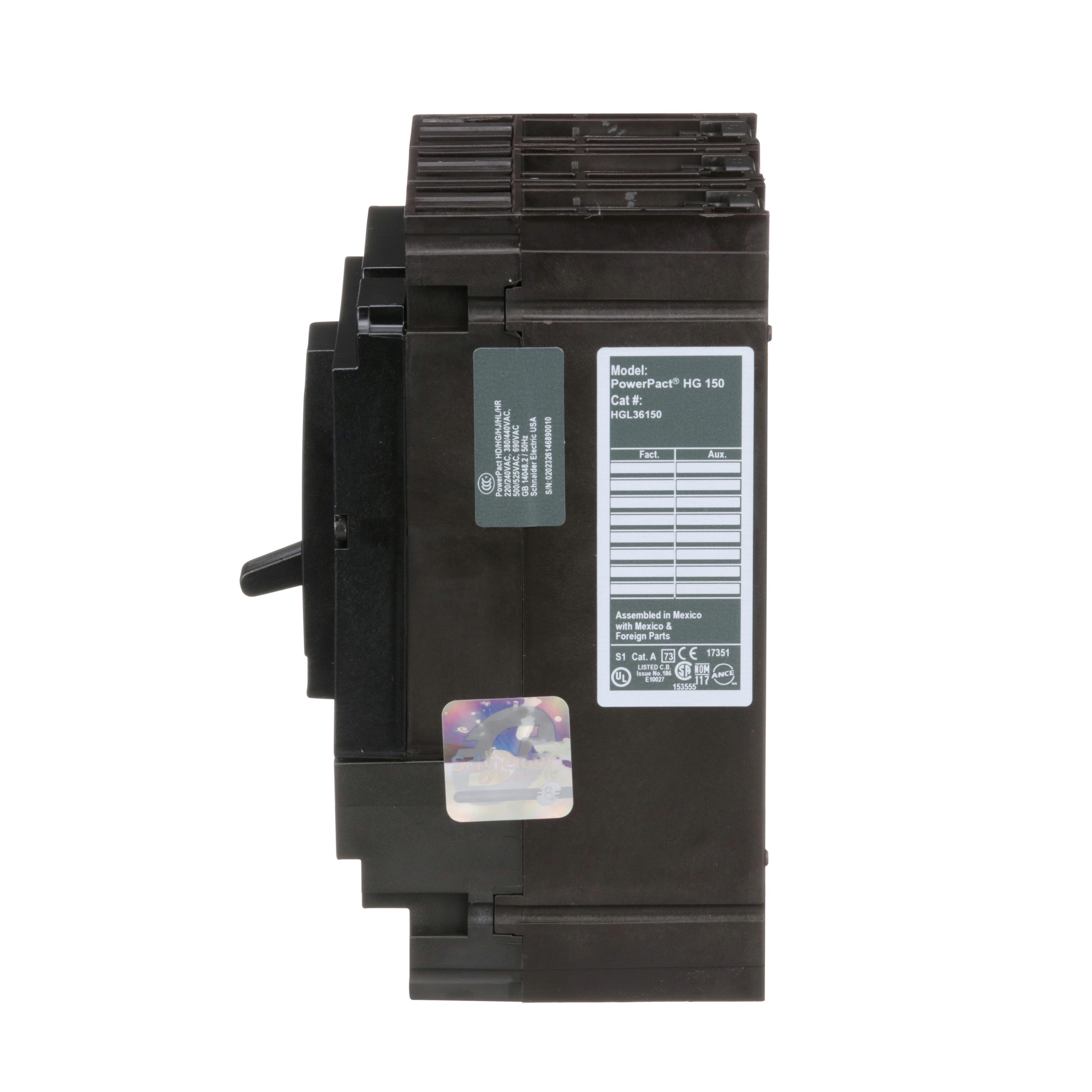 Picture of HGL36150 - Circuit breaker, PowerPacT H, 150A, 3 pole, 600VAC, 18kA, lugs, thermal magnetic, 80%