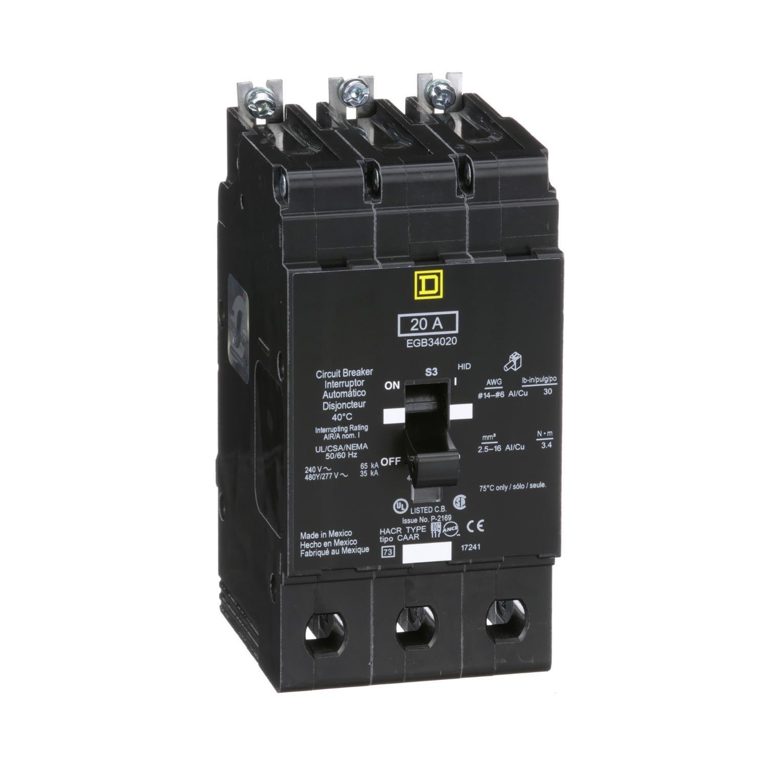 EGB34020 - [TAA] Mini circuit breaker, E-Frame, 20A, 3 pole, 480Y/277VAC, 65kA max, bolt on
