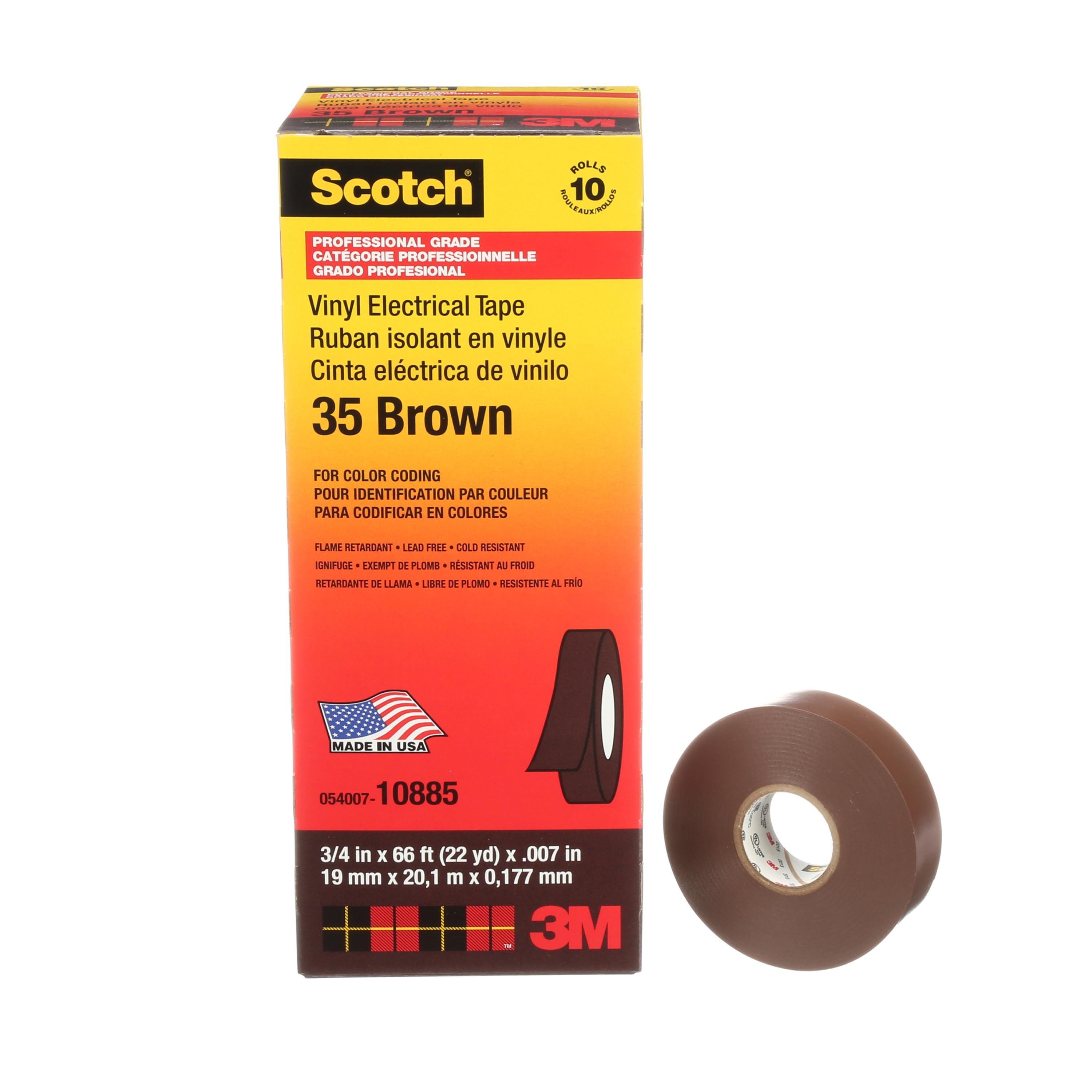 35-BROWN-3/4X66FT - Scotch Vinyl Color Coding Electrical Tape 35, 3/4 in x 66 ft, Brown, 10 rolls/carton, 100 rolls/case