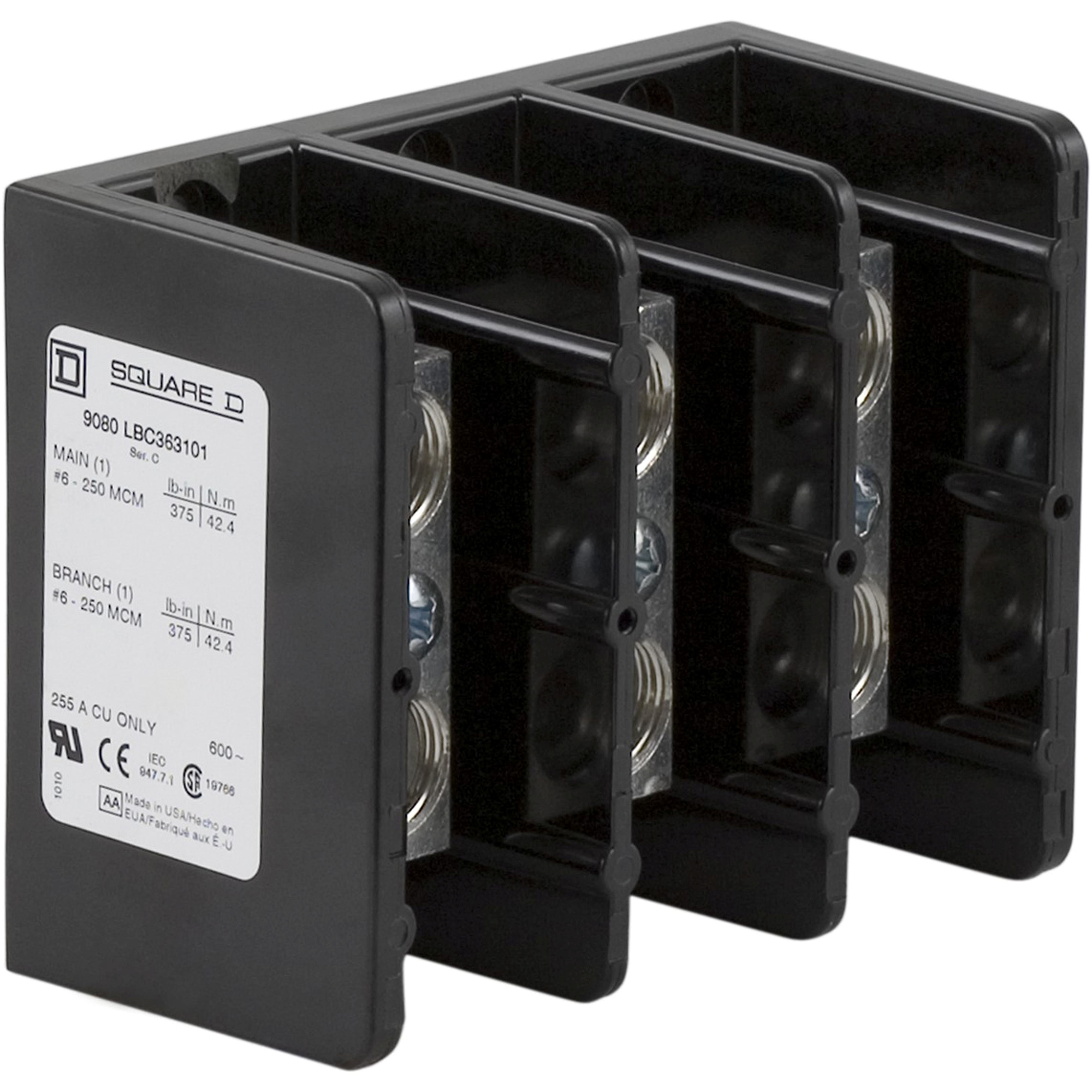 9080LBC363101 - Power distribution block, Linergy, 3 pole, 1 line, 1 load, 255A Cu, 600V