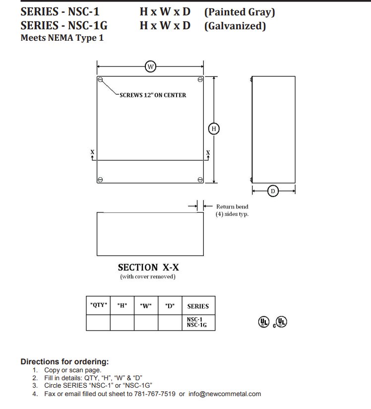 NEWCOM NSC-1 20"L X 10" X 10" NEMA 1-S/C 16 GA. STEEL PAINTED GRAY