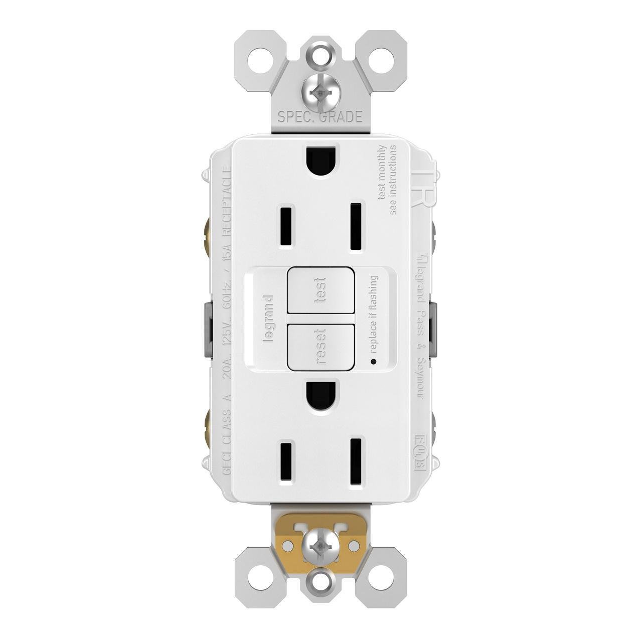 1597-TRW - radiant® Tamper-Resistant 15A Duplex Self-Test GFCI Receptacles with SafeLock® Protection, White