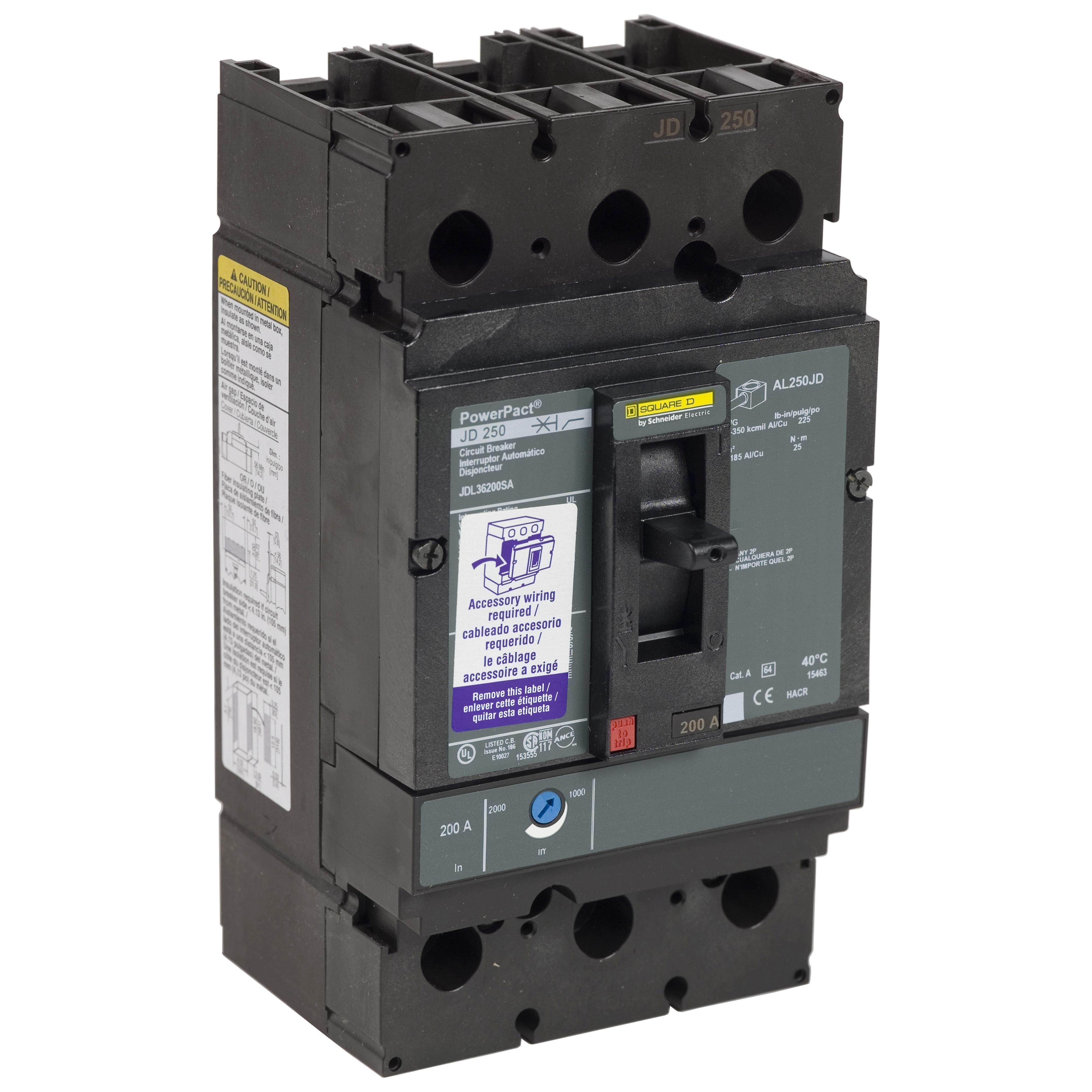 JDL36200C - Circuit breaker, PowerPacT J, 200A, 3 pole, 600VAC, 14kA, lugs, thermal magnetic, 100%