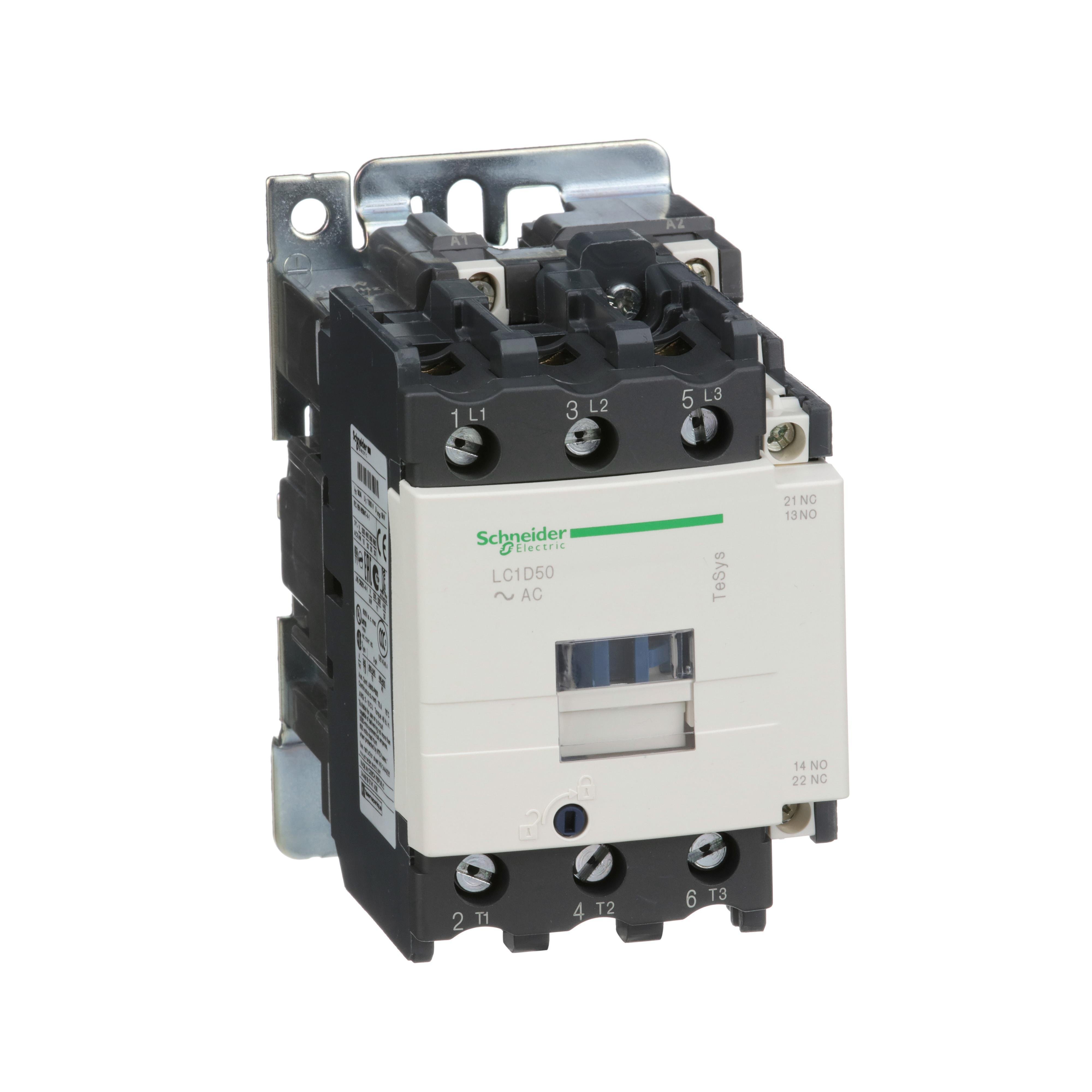 Picture of LC1D50G7 - IEC contactor, TeSys D, nonreversing, 50A, 40HP at 480VAC, up to 100kA SCCR, 3 phase, 3 NO, 120VAC 50/60Hz coil, open