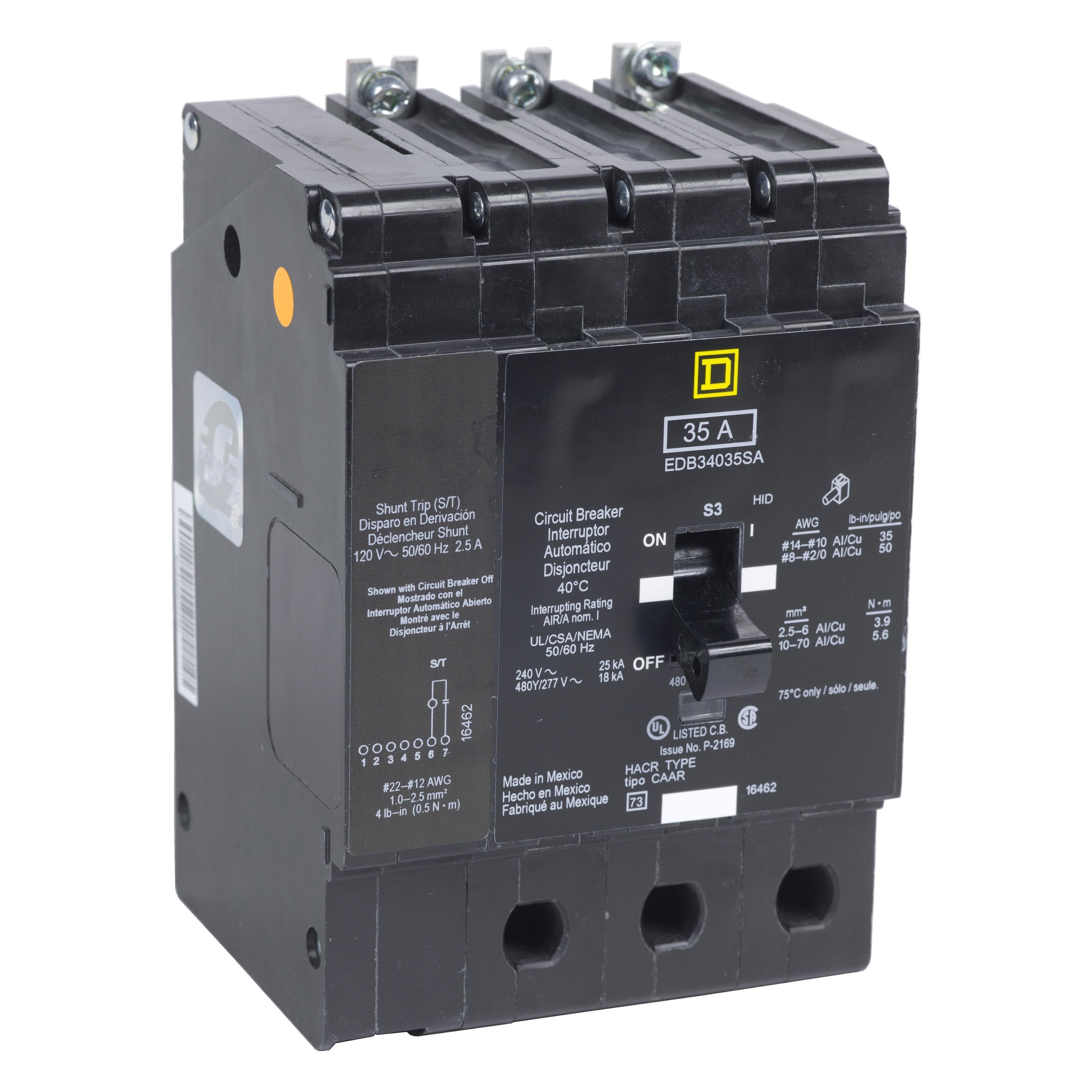 EGB34125SA - Mini circuit breaker, E-Frame, 125A, 3 pole, 480Y/277VAC, 65kA max, bolt on, shunt trip [TAA]