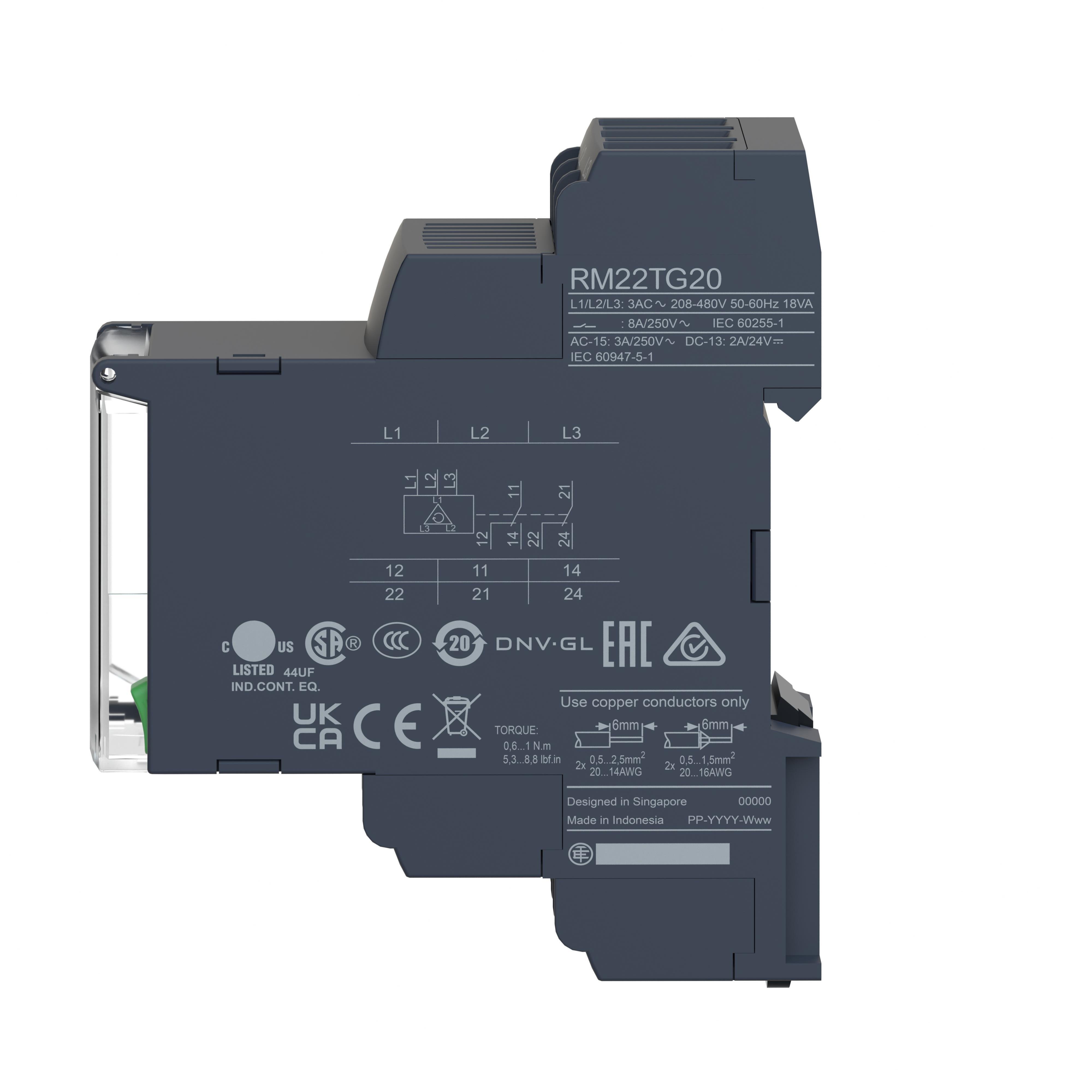 Picture of RM22TG20 - Harmony, Modular 3-phase supply control relay, 8A, 2 CO, 183…528VAC