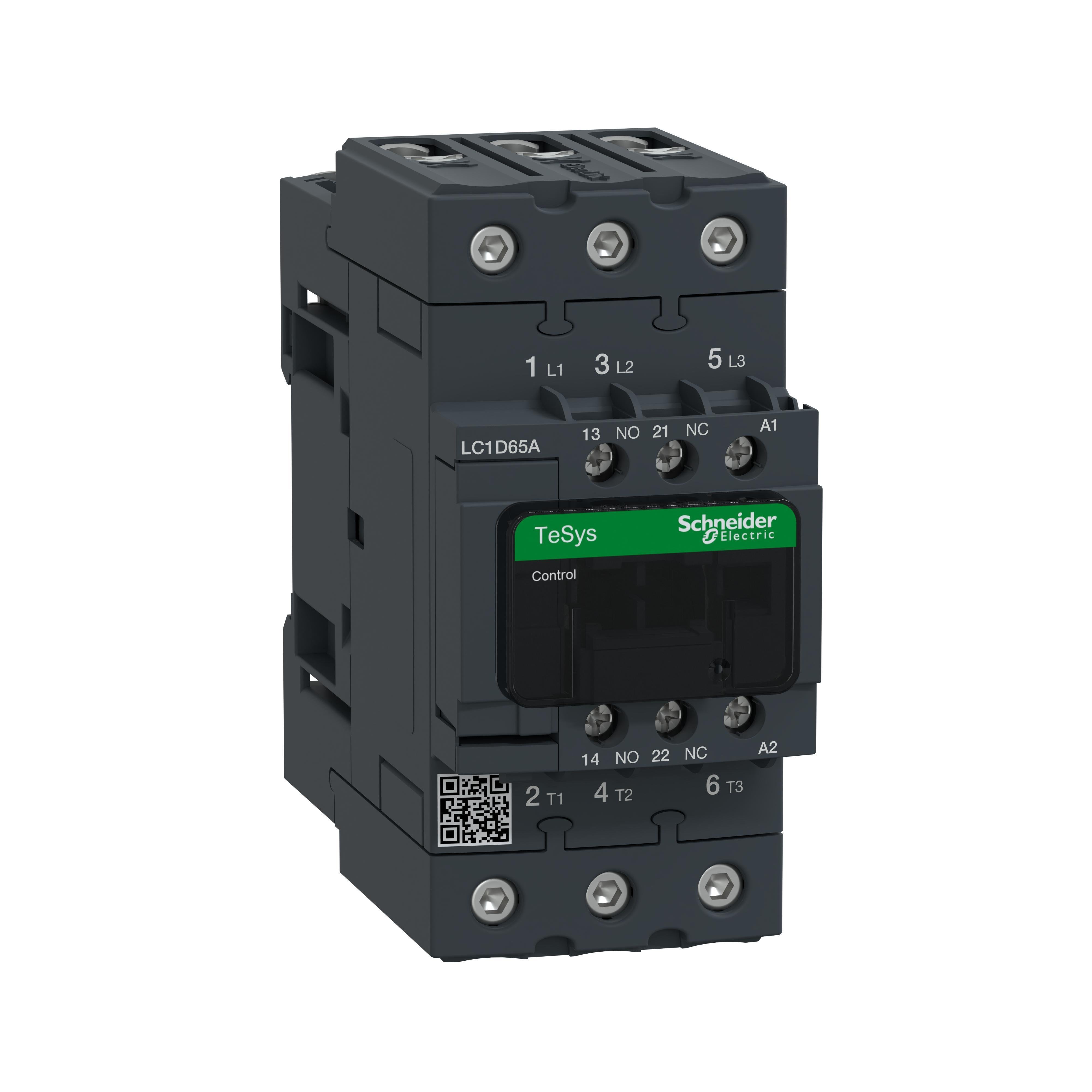 LC1D65AM7 - IEC contactor, TeSys Deca, nonreversing, 65A, 40HP at 480VAC, up to 100kA SCCR, 3 phase, 3 NO, 220VAC 50/60Hz coil, open