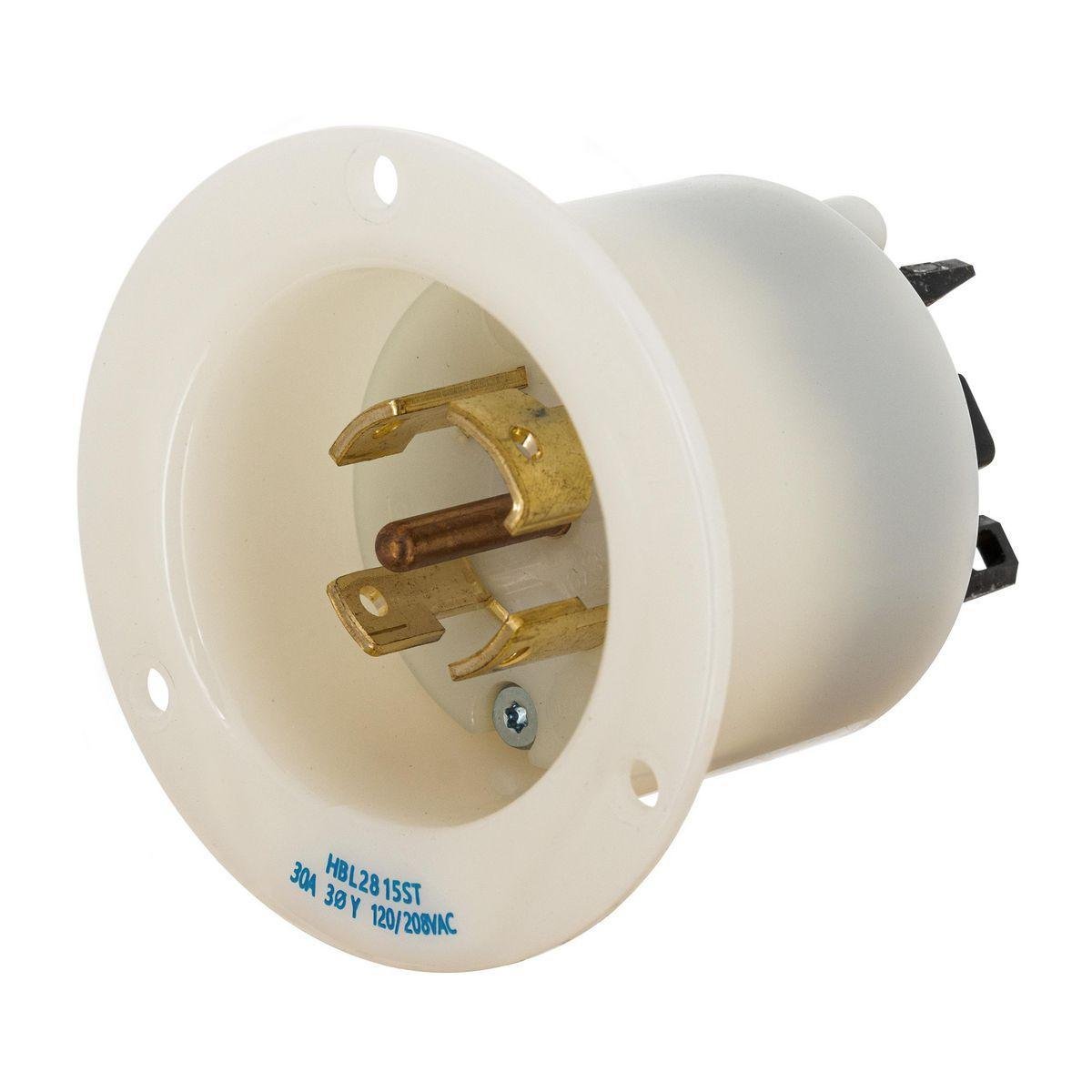Picture of HBL2815ST - Locking Devices, EdgeConnect™ Twist-Lock®, Industrial, Insulgrip® Flanged Inlet, 30A 3-Phase Wye 120/208V AC, 4-Pole 5-Wire Grounding, L21-30P, Spring Terminal, White.