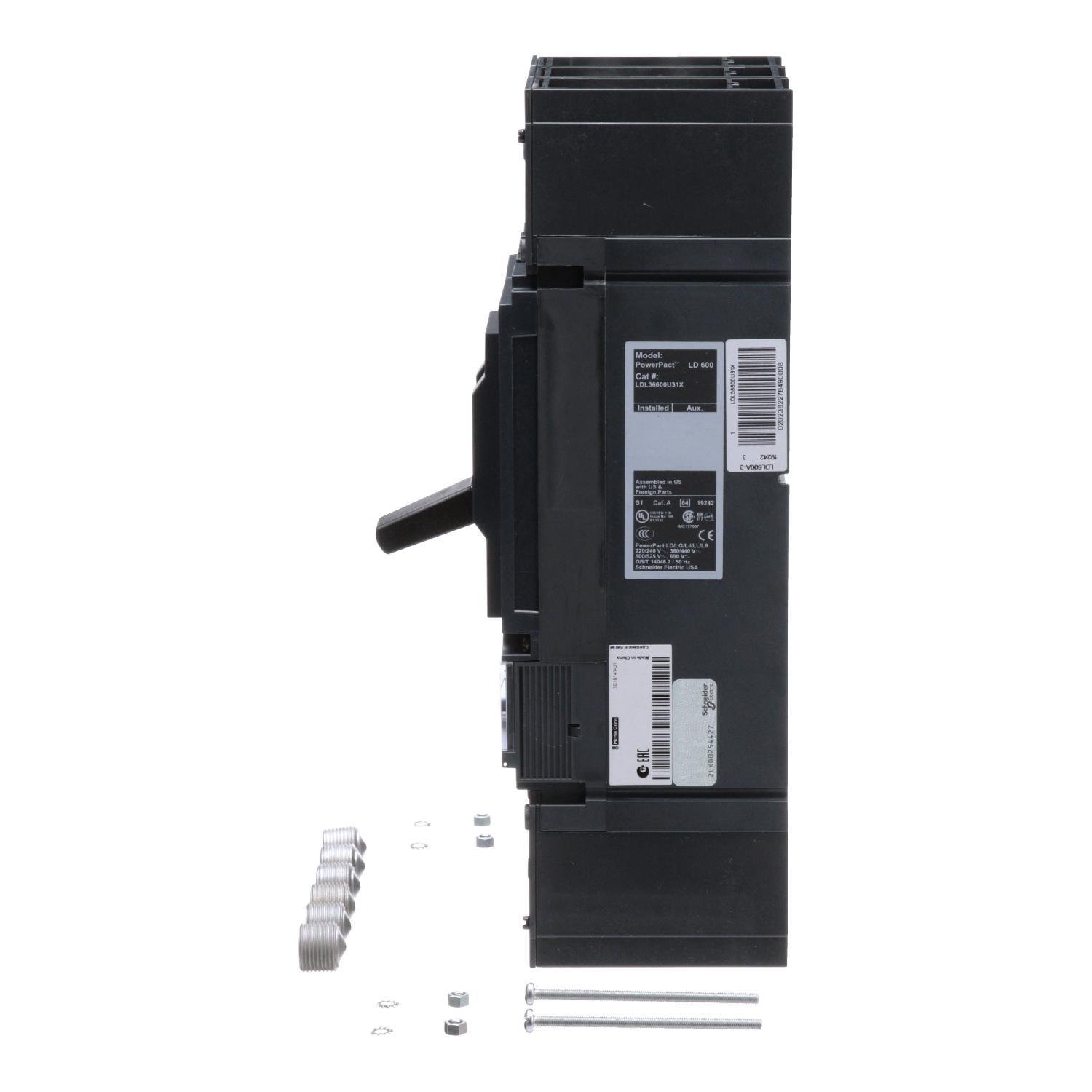 Picture of LDL36600U31X - Circuit breaker, PowerPacT L, 600A, 3 pole, 600VAC, 14kA, lugs, MicroLogic 3.3, 80%