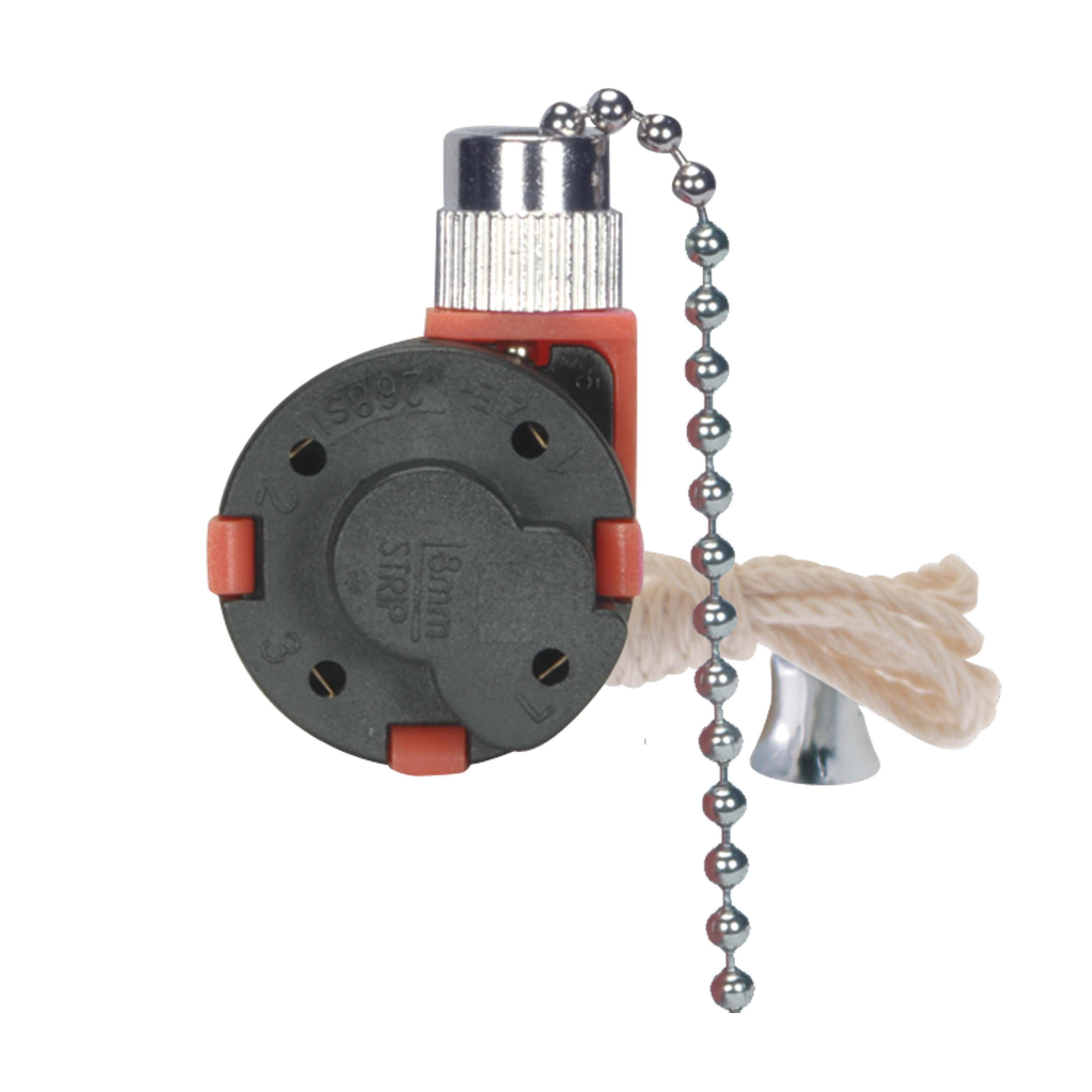 Picture of 80/1983 - 3 Speed Ceiling Fan Switch, 4 Wire Quick Connect, 2 Circuit w/Metal Chain, White Cord & Bell - Rated: 6A-125V, 3A-250V