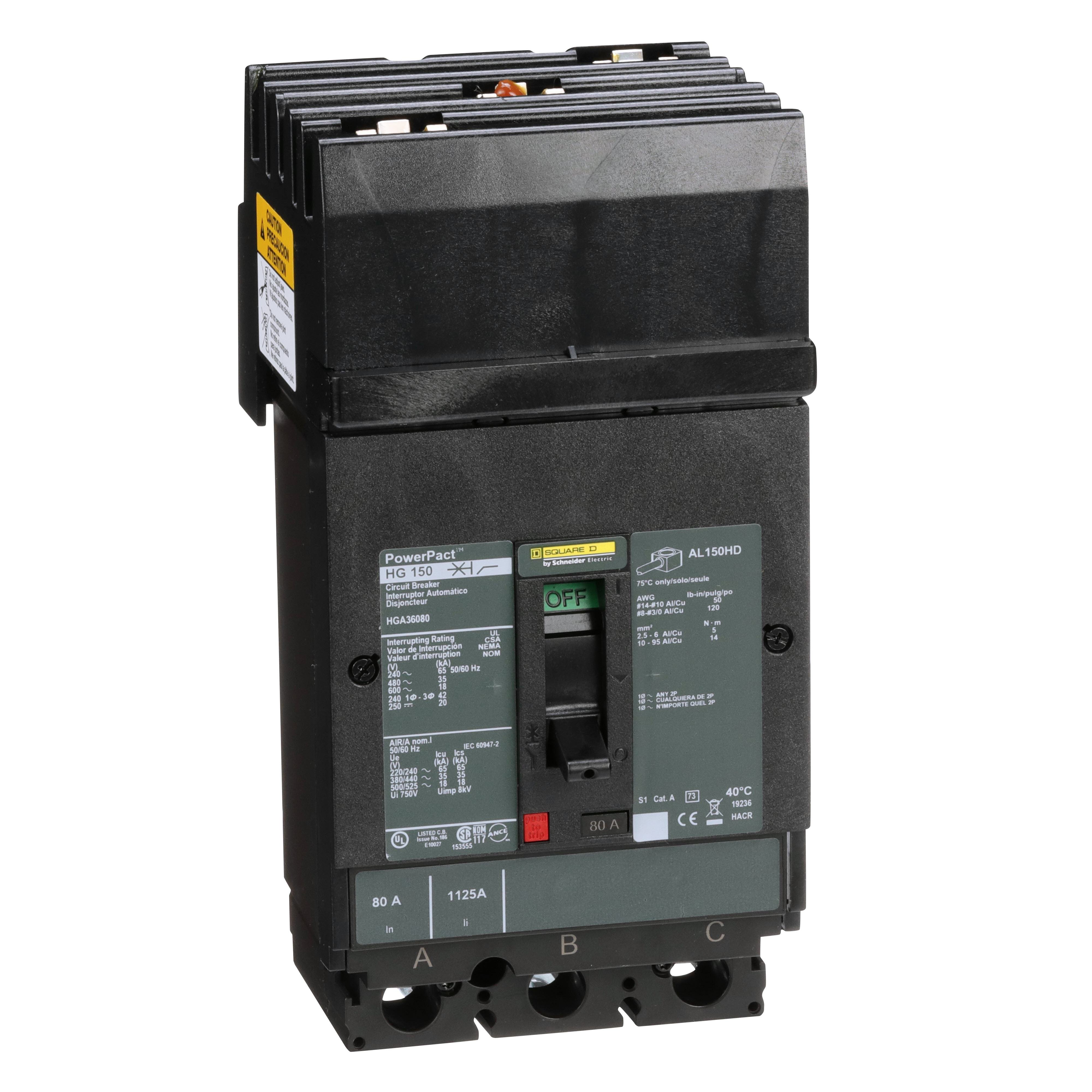 HGA36080 - Circuit breaker, PowerPacT H, 80A, 3 pole, 600VAC, 18kA, I-Line, thermal magnetic, 80%, ABC
