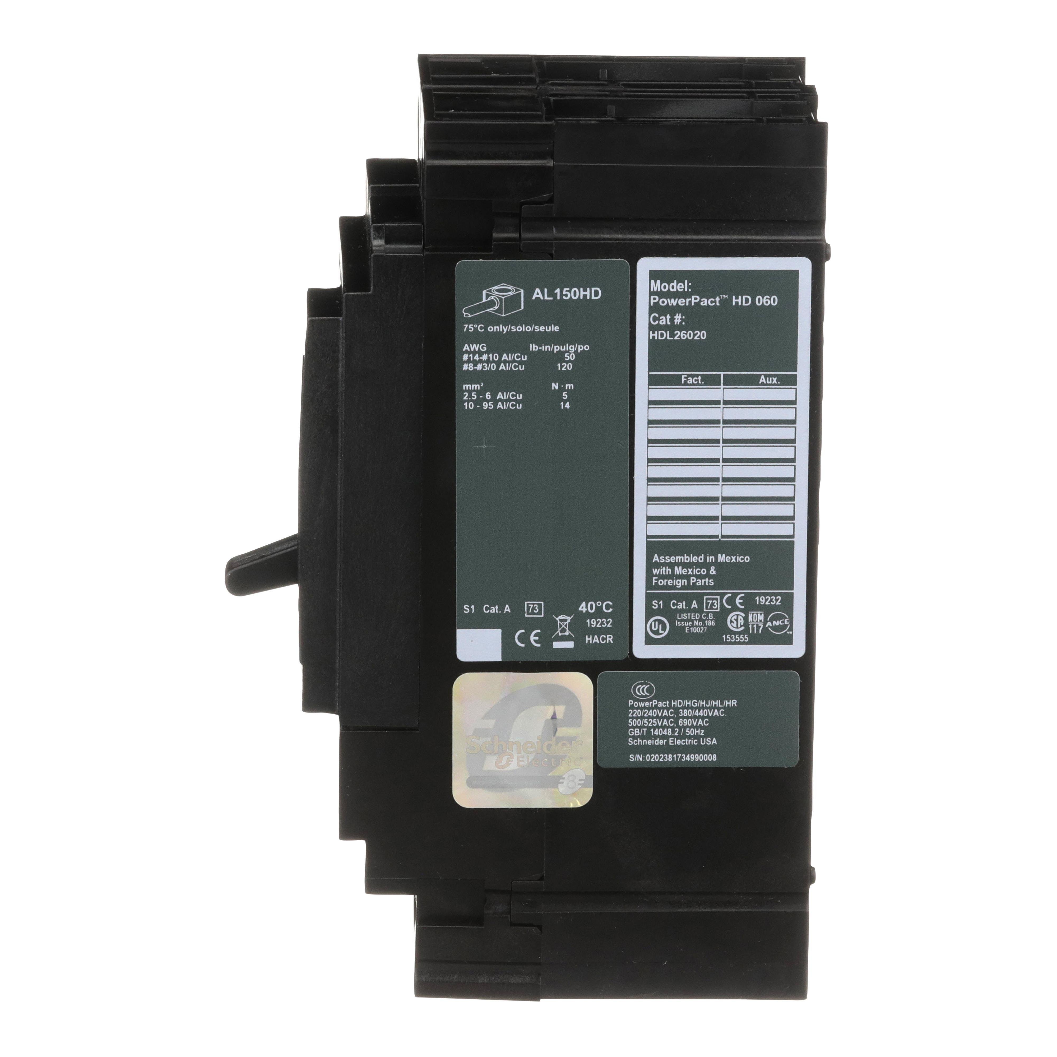Picture of HDL26020 - Circuit breaker, PowerPacT H, 20A, 2 pole, 600VAC, 14kA, lugs, thermal magnetic, 80%