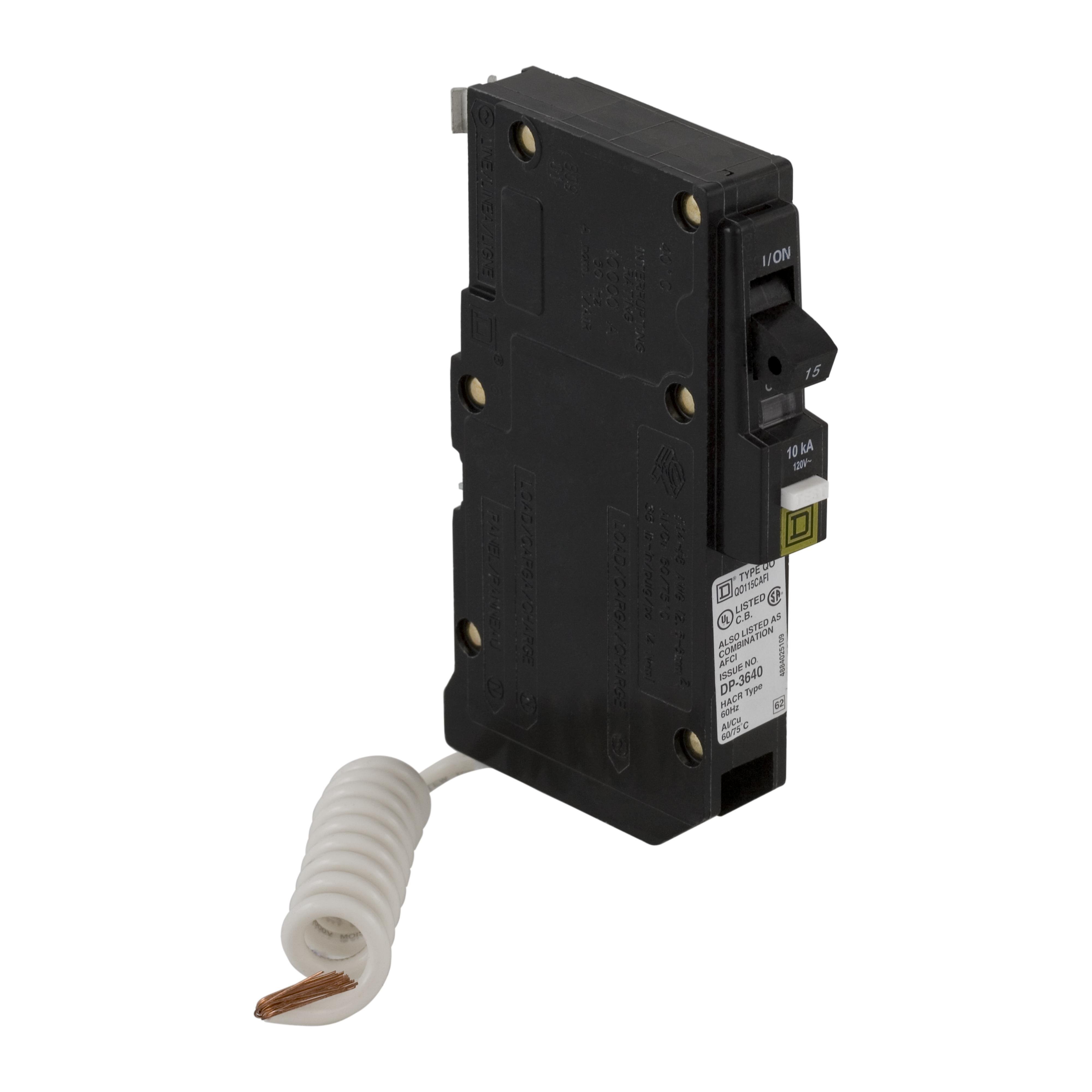 Picture of QO115CAFI - [TAA] Mini circuit breaker, QO, 15A, 1 pole, 120VAC, 10kA, plug in, combo ARC fault, pigtail