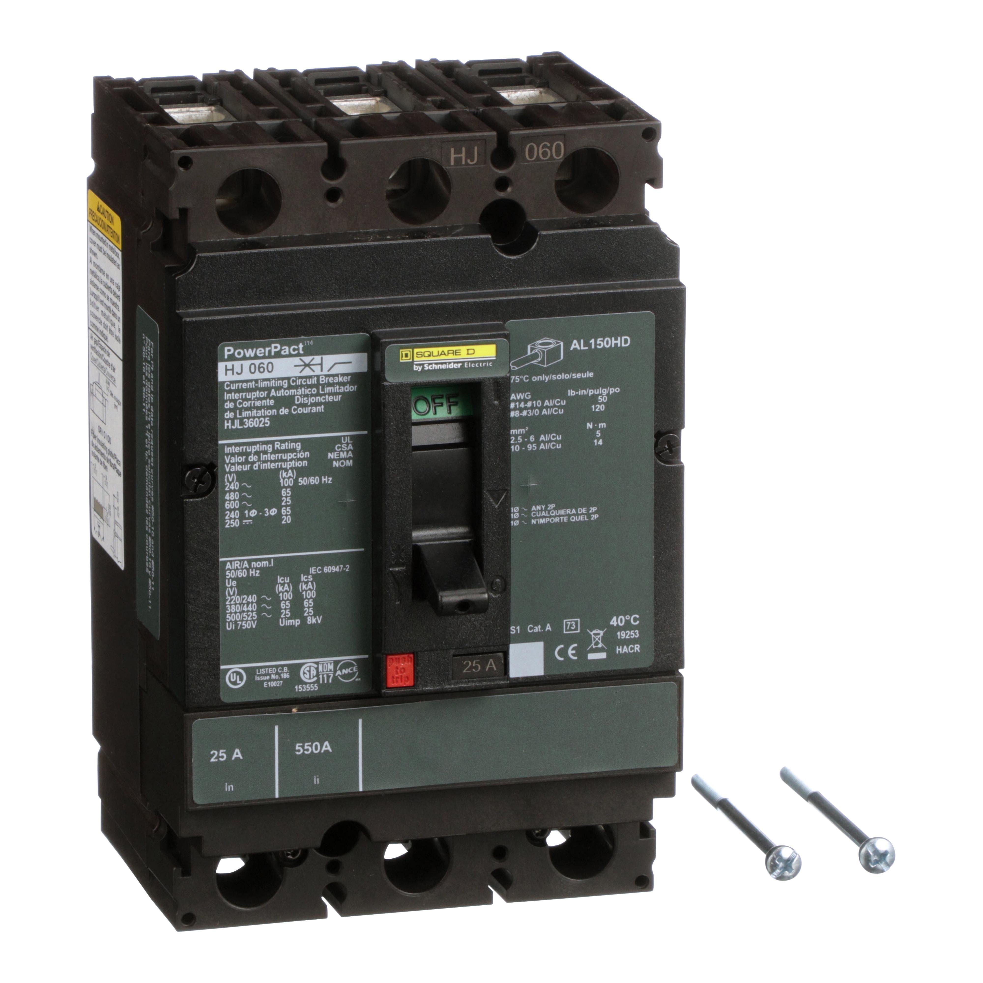 HJL36025 - Circuit breaker, PowerPacT H, 25A, 3 pole, 600VAC, 25kA, lugs, thermal magnetic, 80%
