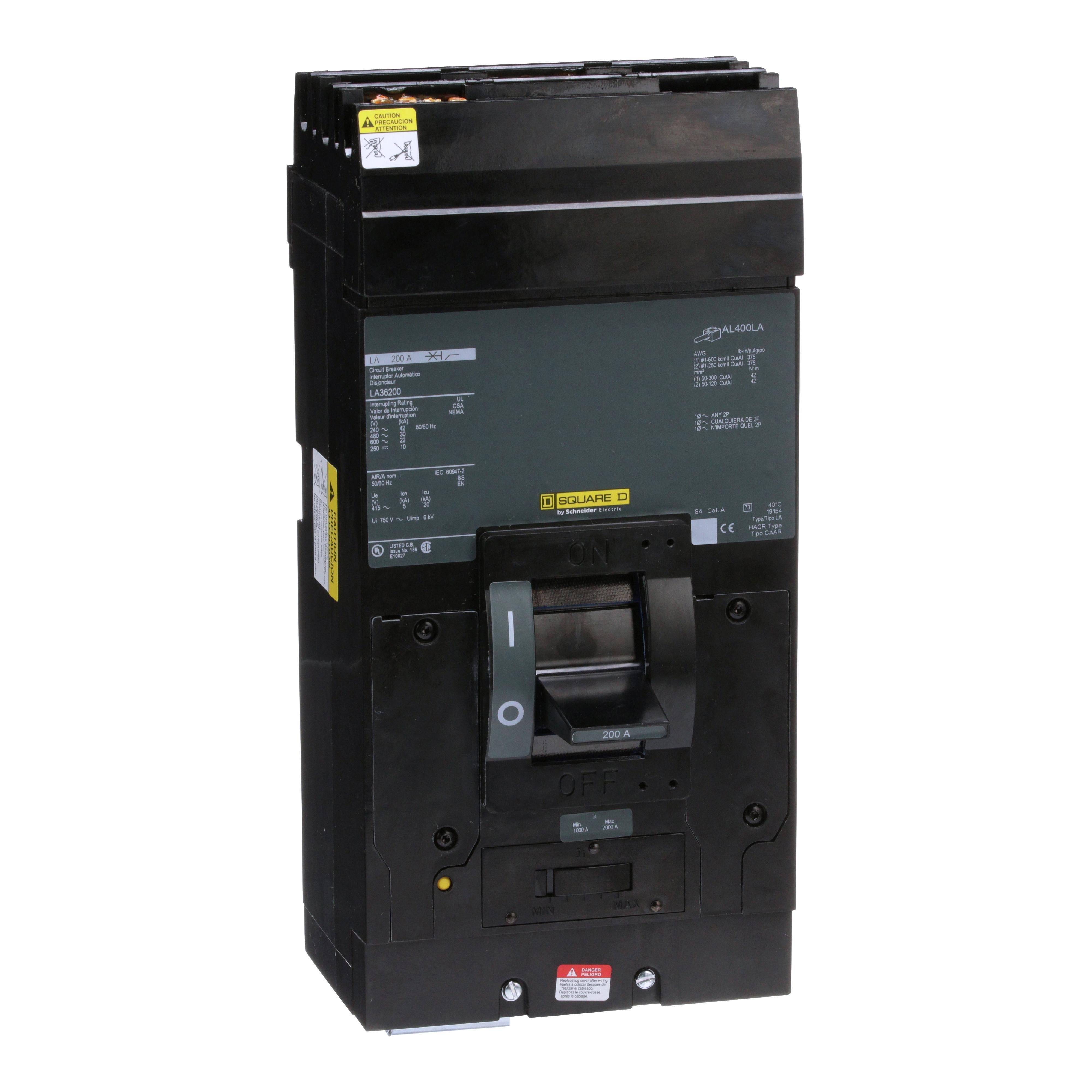 LA36200 - Circuit breaker, LA, 200A, 3 pole, 600VAC, 22kA, 250VDC, 10kA, I-Line, thermal magnetic