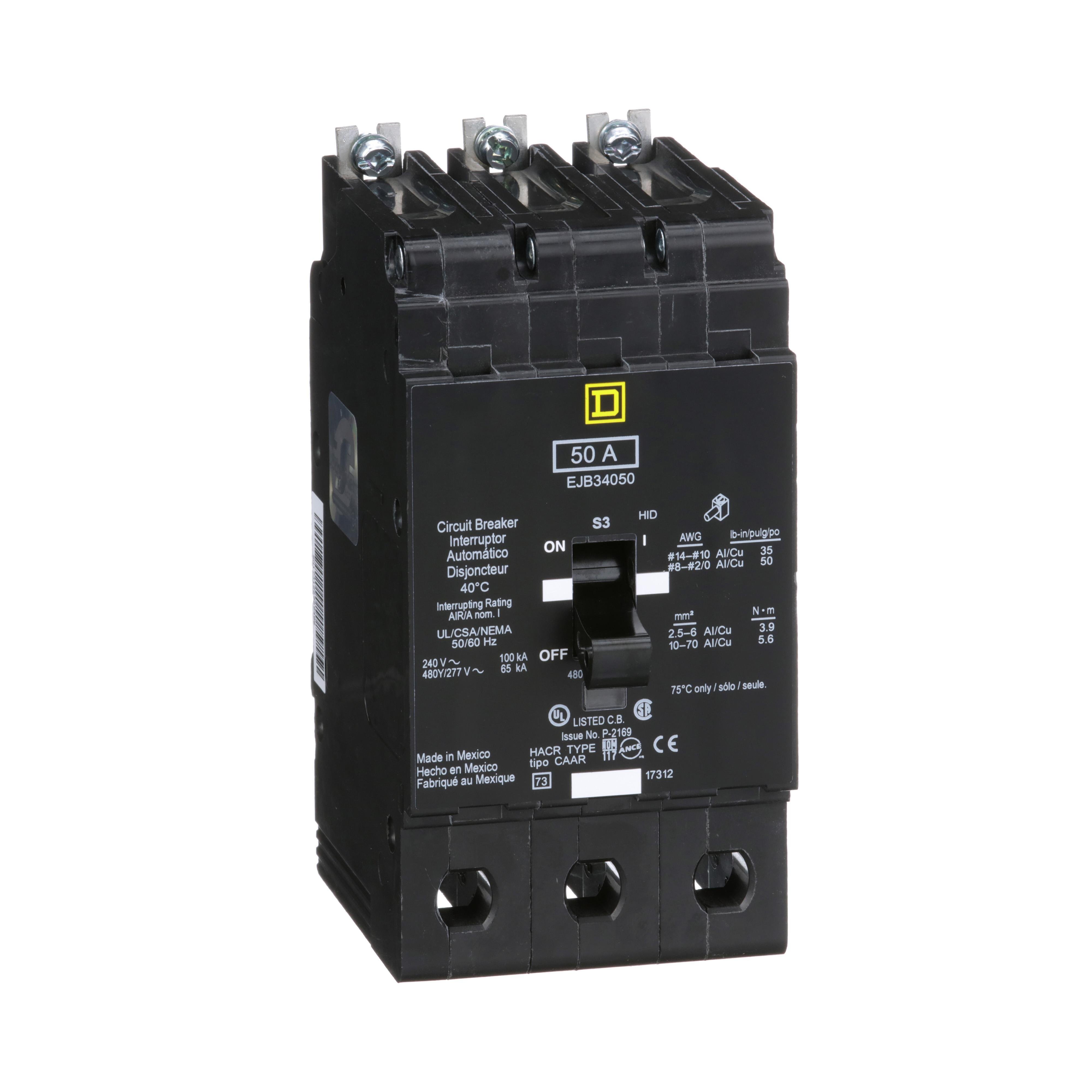 EJB34050 - [TAA] Mini circuit breaker, E-Frame, 50A, 3 pole, 480Y/277VAC, 100kA max, bolt on