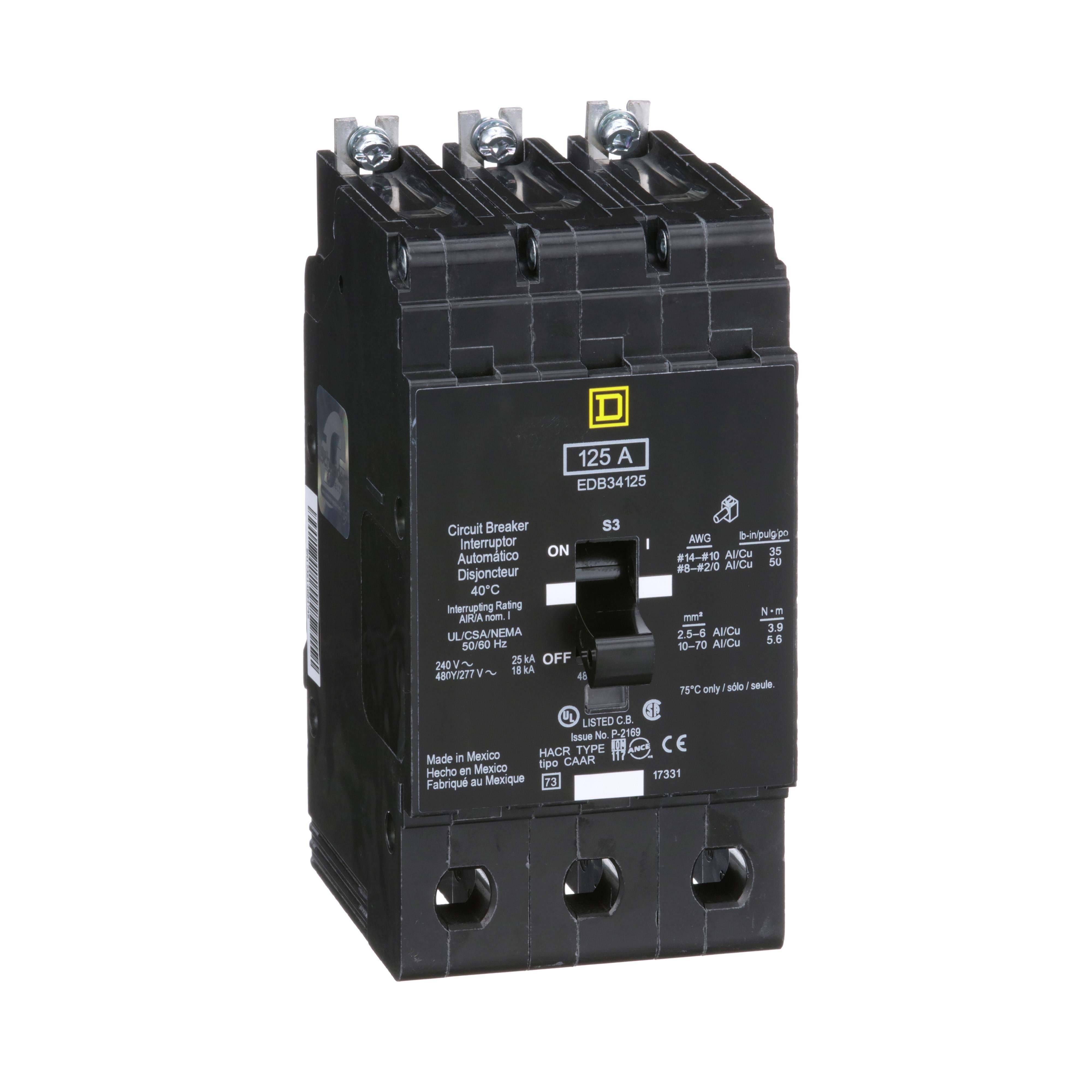 EDB34125 - [TAA] Mini circuit breaker, E-Frame, 125A, 3 pole, 480Y/277VAC, 25kA max, bolt on