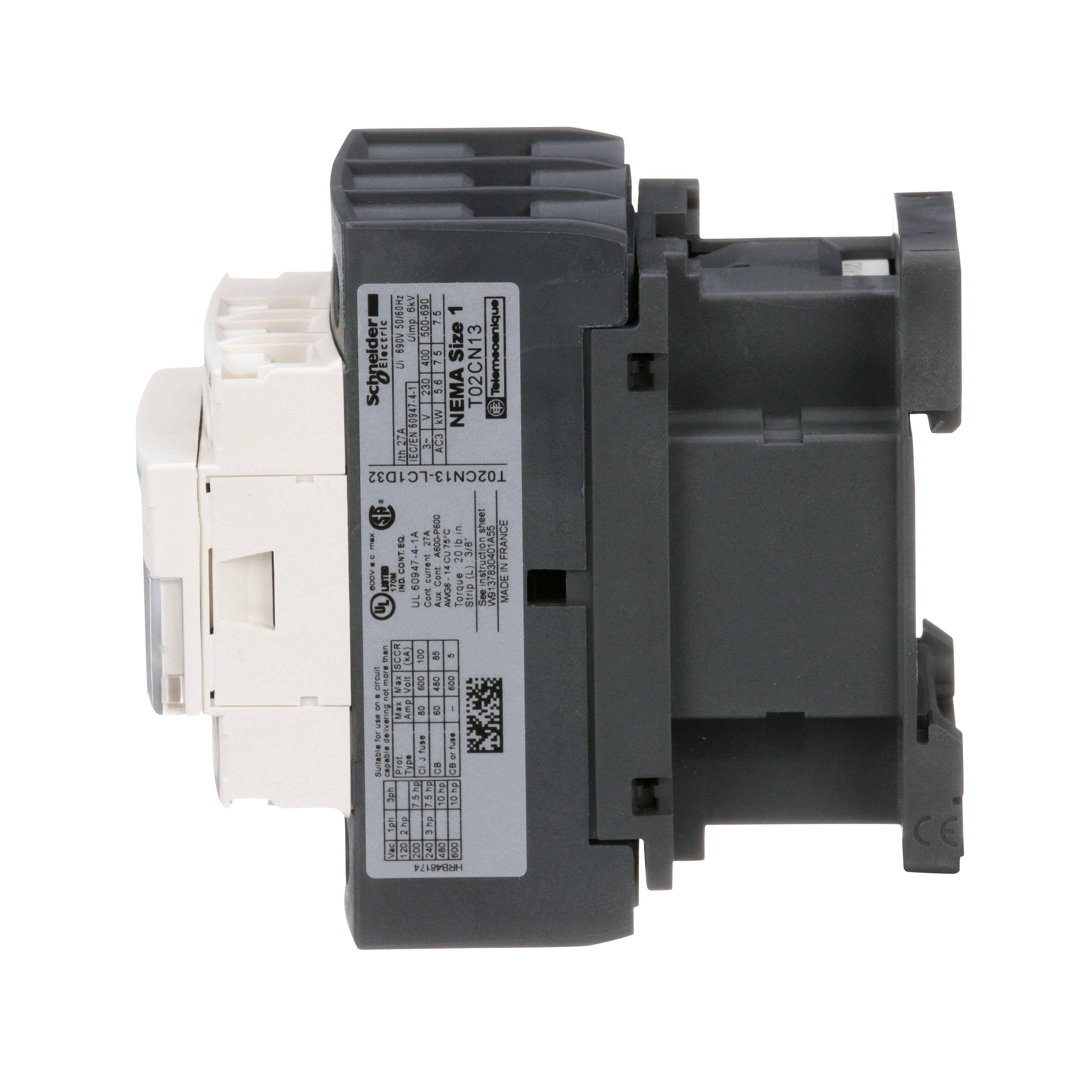 T02BN13G7 - Contactor, Tesys N Contactors, nonreversing, 3P, 3phase, 18A, 5HP at 460VAC, NEMA size 0, 120VAC 50/60Hz coil, open
