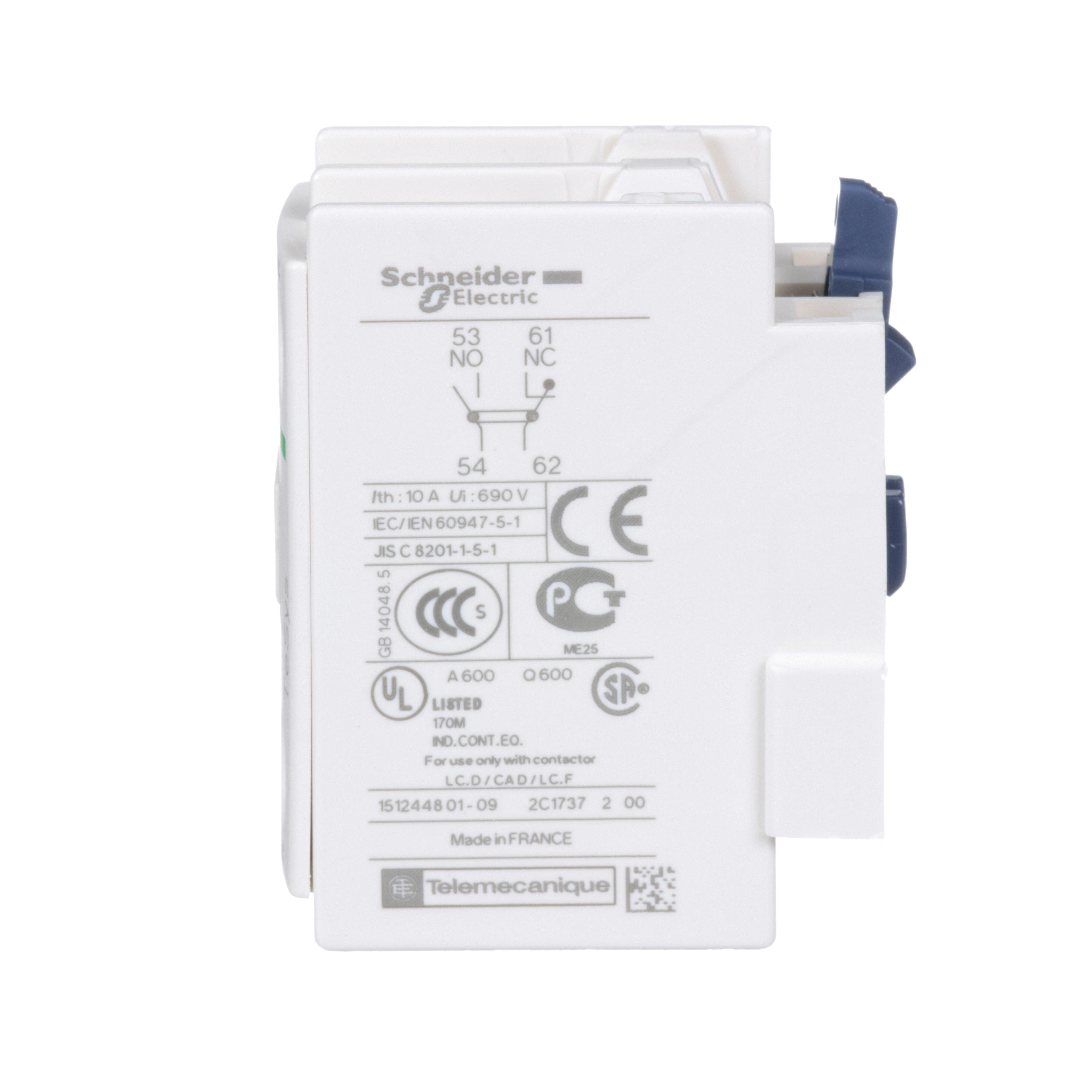 Picture of LADN11 - TeSys Deca, auxiliary contact block, 1 NO and 1 NC, top mount, screw clamp terminals, for LC1D09 to LC1D150 contactors