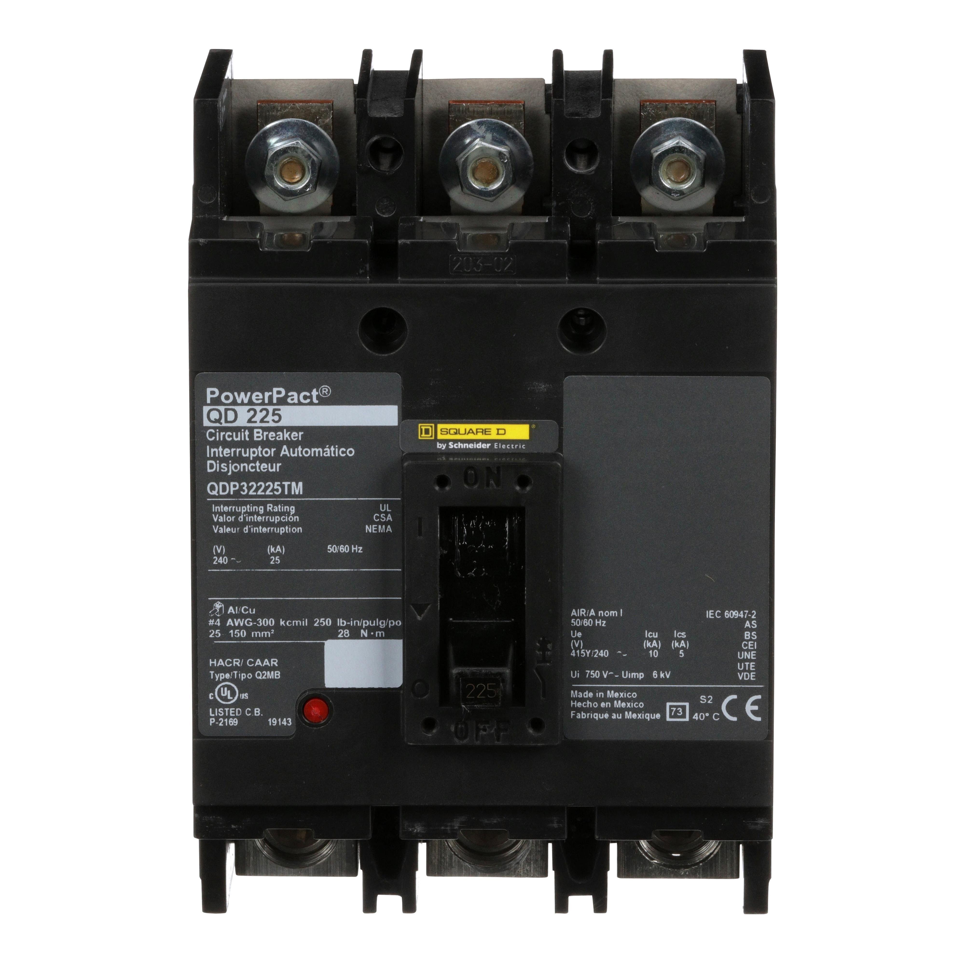 Picture of QDP32225TM - Circuit breaker, PowerPacT Q, 225A, 3 pole, 240VAC, 25kA, lugs, thermal magnetic, 80%, bottom of panel