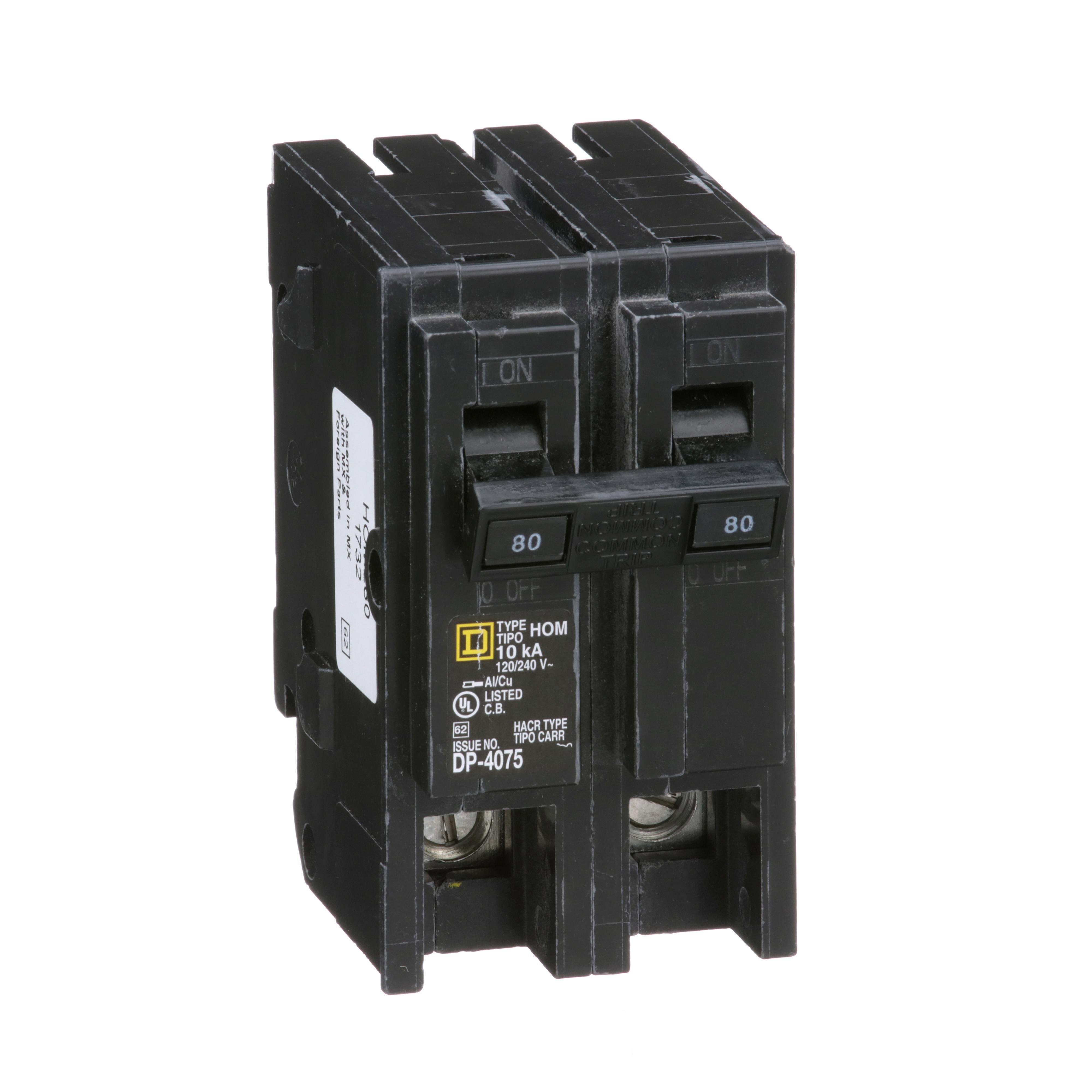 HOM280 - Mini circuit breaker, Homeline, 80A, 2 pole, 120/240VAC, 10kA AIR, standard type, plug in, UL