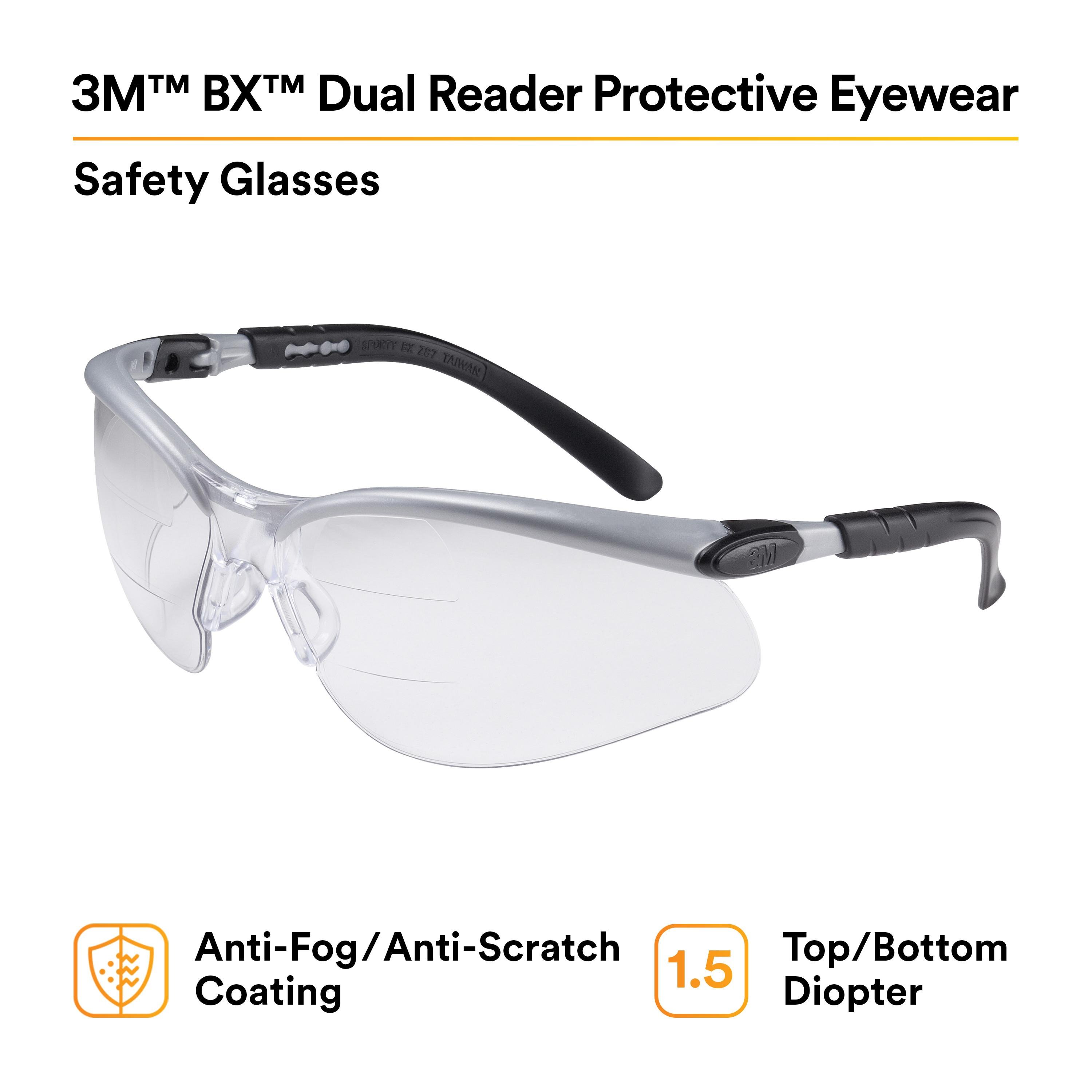 11457-00000-10 - 3M BX Dual Reader Protective Eyewear 11457-00000-20, Clear Anti-Fog Lens, Silver/Black Frame, +1.5 Top/Bottom Diopter. 20 ea/Case
