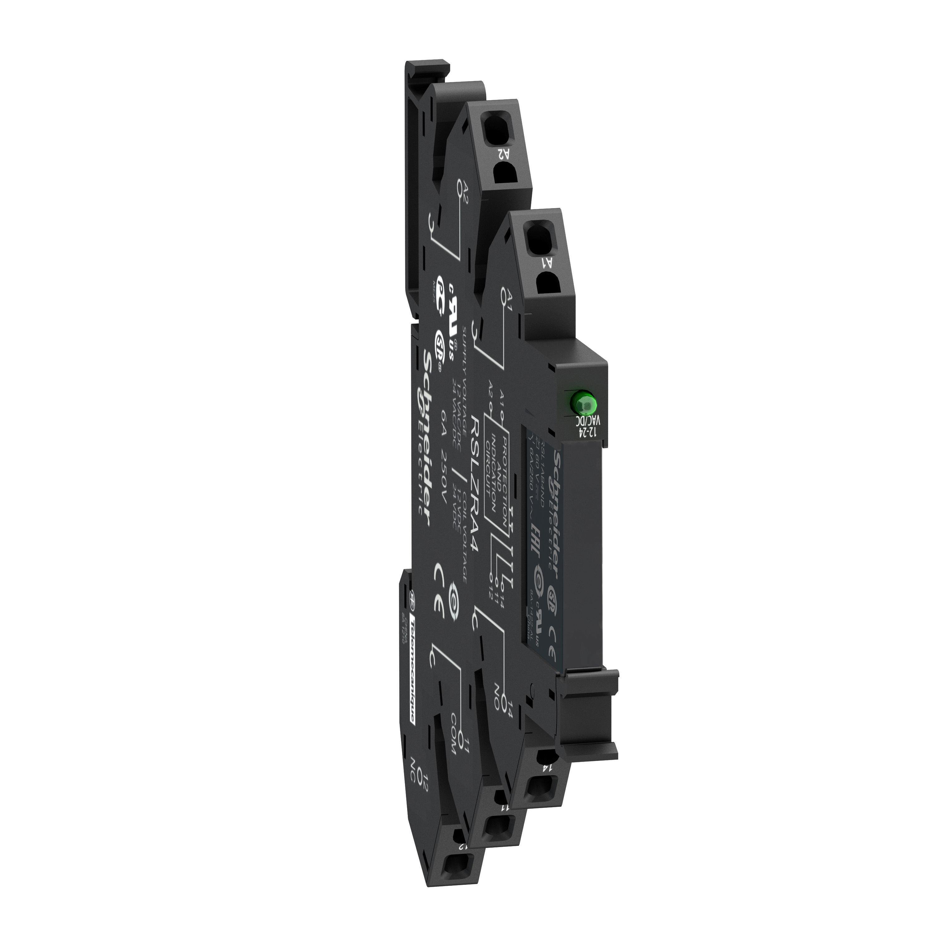 Picture of RSL1PRBU - slim interface relay, Harmony Electromechanical Relays, pre assembled, 6A, 1CO, with LED, spring terminals, 24V AC/DC