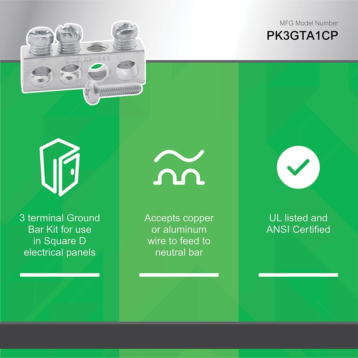 Picture of PK3GTA1 - Load center accessory, QO/Homeline, ground bar kit, 3 terminals
