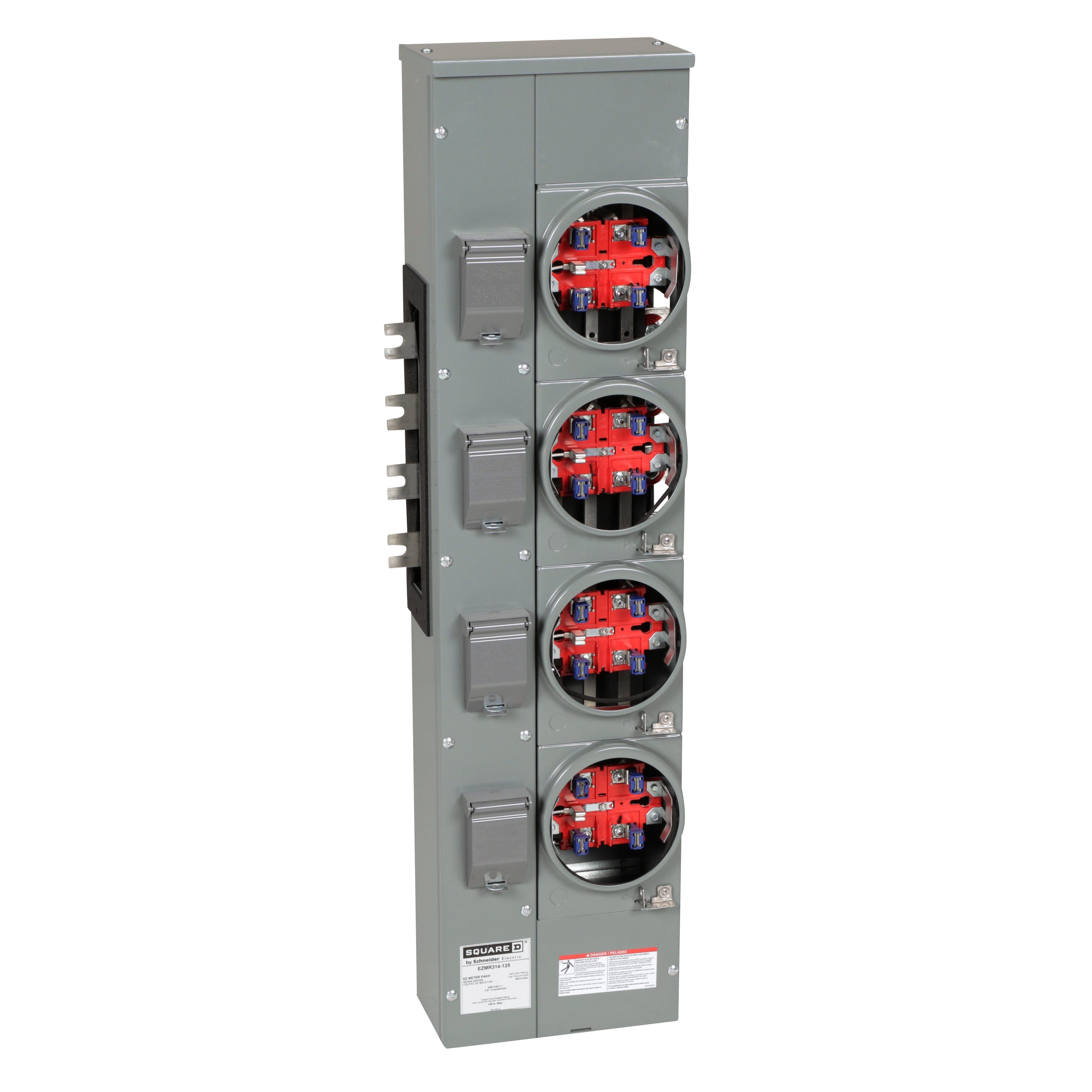 EZMR314125X - Branch unit, EZ Meter-Pak, 125A, 4 x 5 jaw sockets, 208Y/120VAC, no bypass, ringless, 1200A Al/Cu busbar