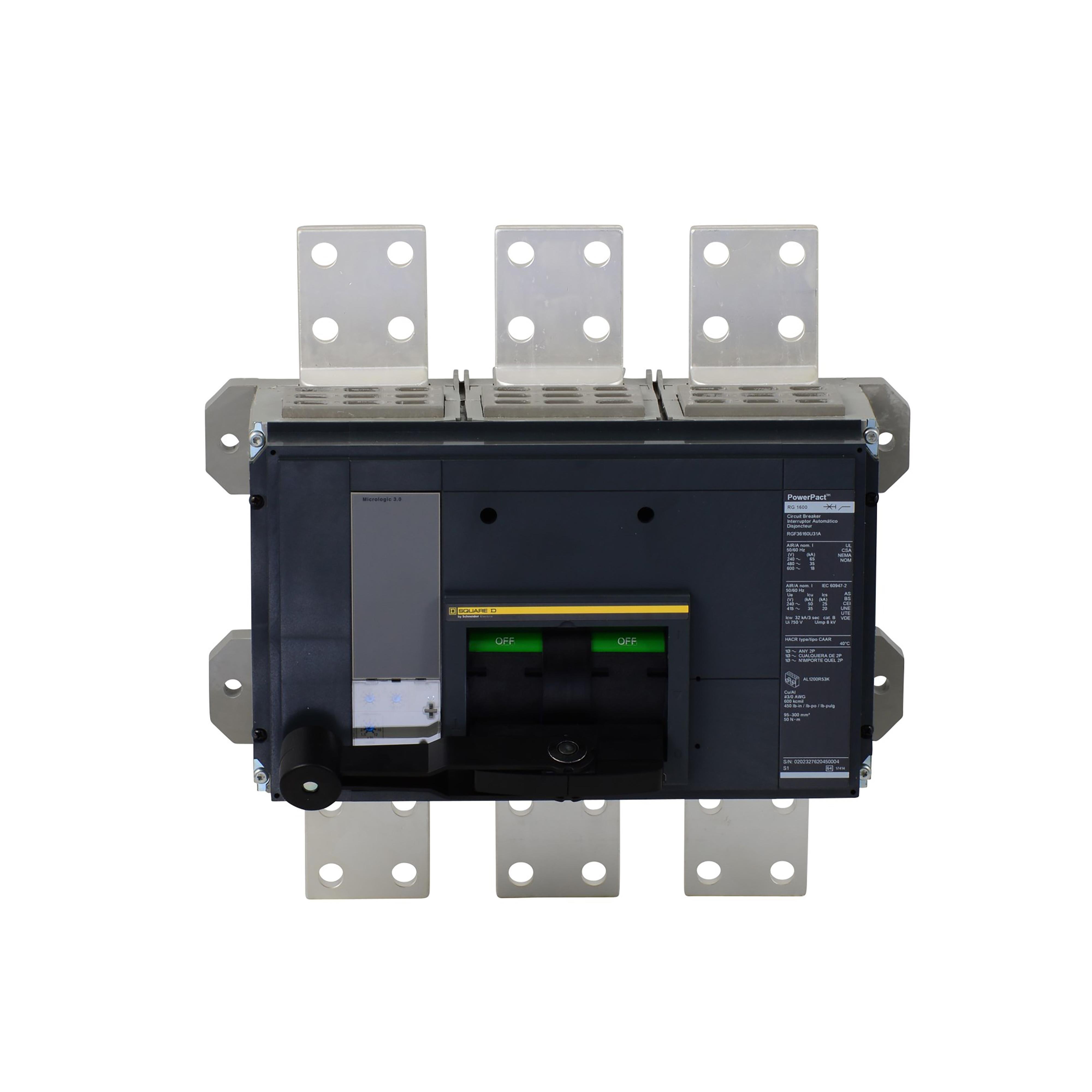 RGF36160U31A - Circuit breaker, PowerPacT R, 1600A, 3 pole, 600VAC, 18kA, busbar, Micrologic 3.0, 80%