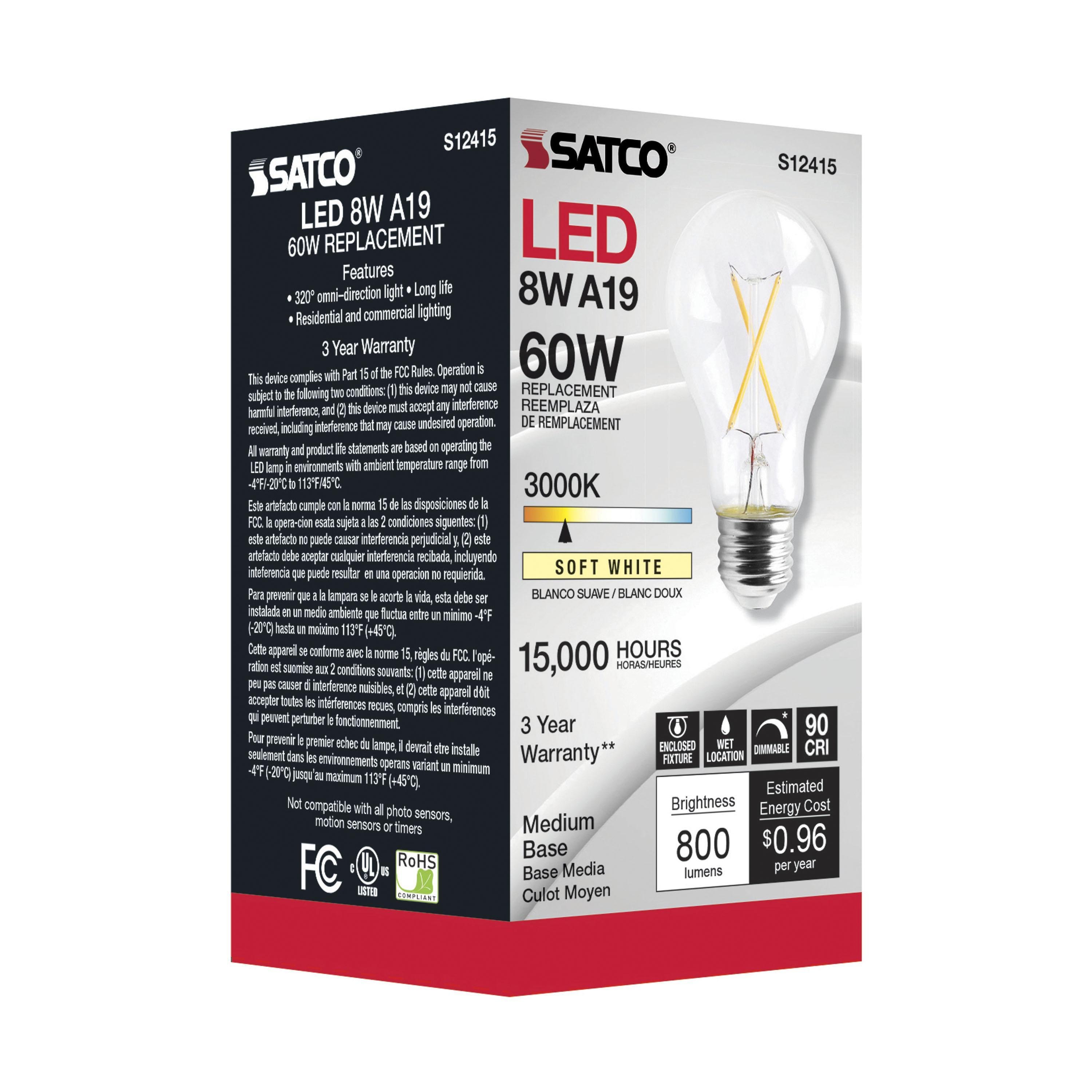 Picture of S12415 - 8 Watt LED A19 - Clear - Medium Base - 3000K - 90 CRI - 120 Volt