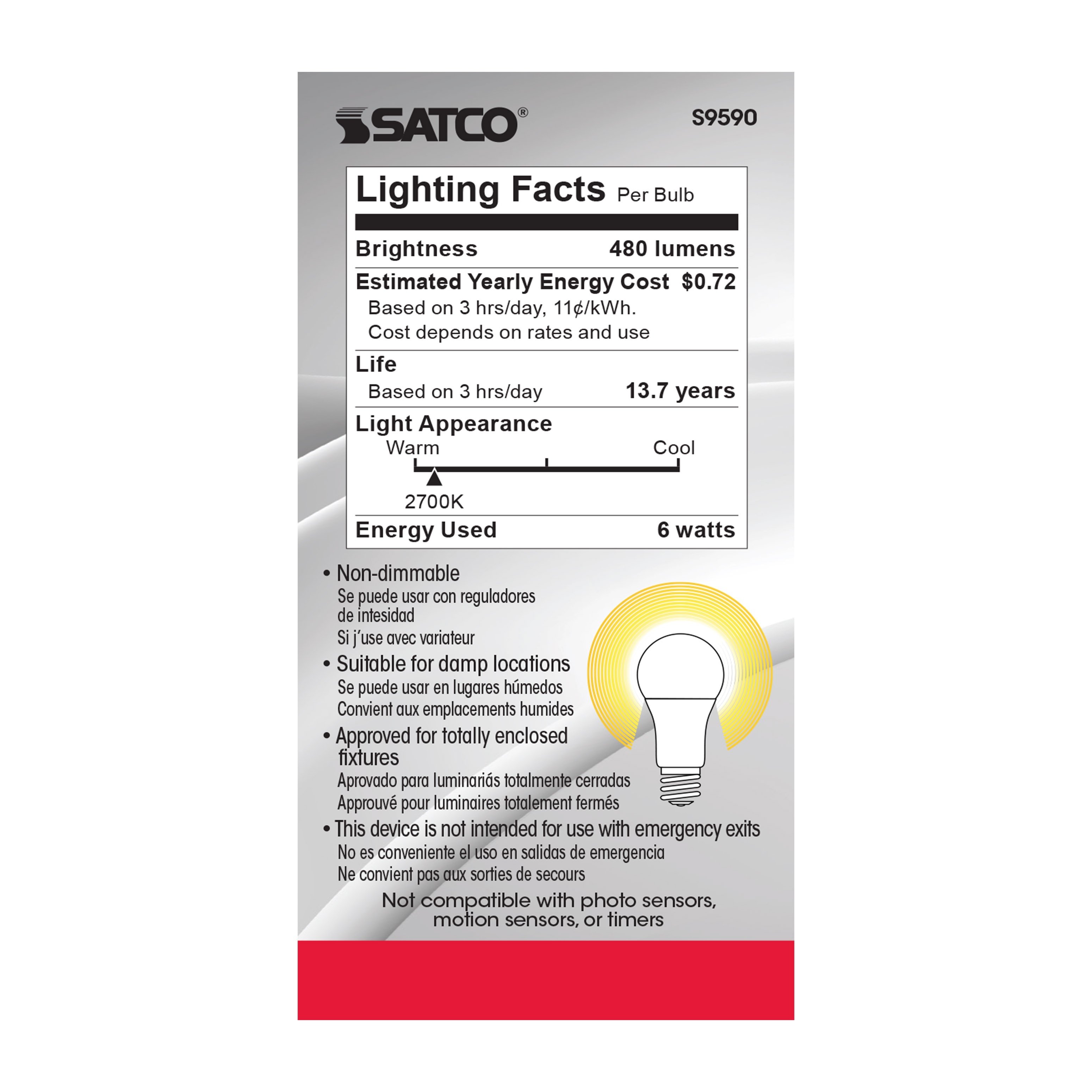Picture of S9590 - 6 Watt - A19 LED - Frosted - 2700K Medium base - 220 deg. Beam Angle - 120 Volt - Non-Dimmable