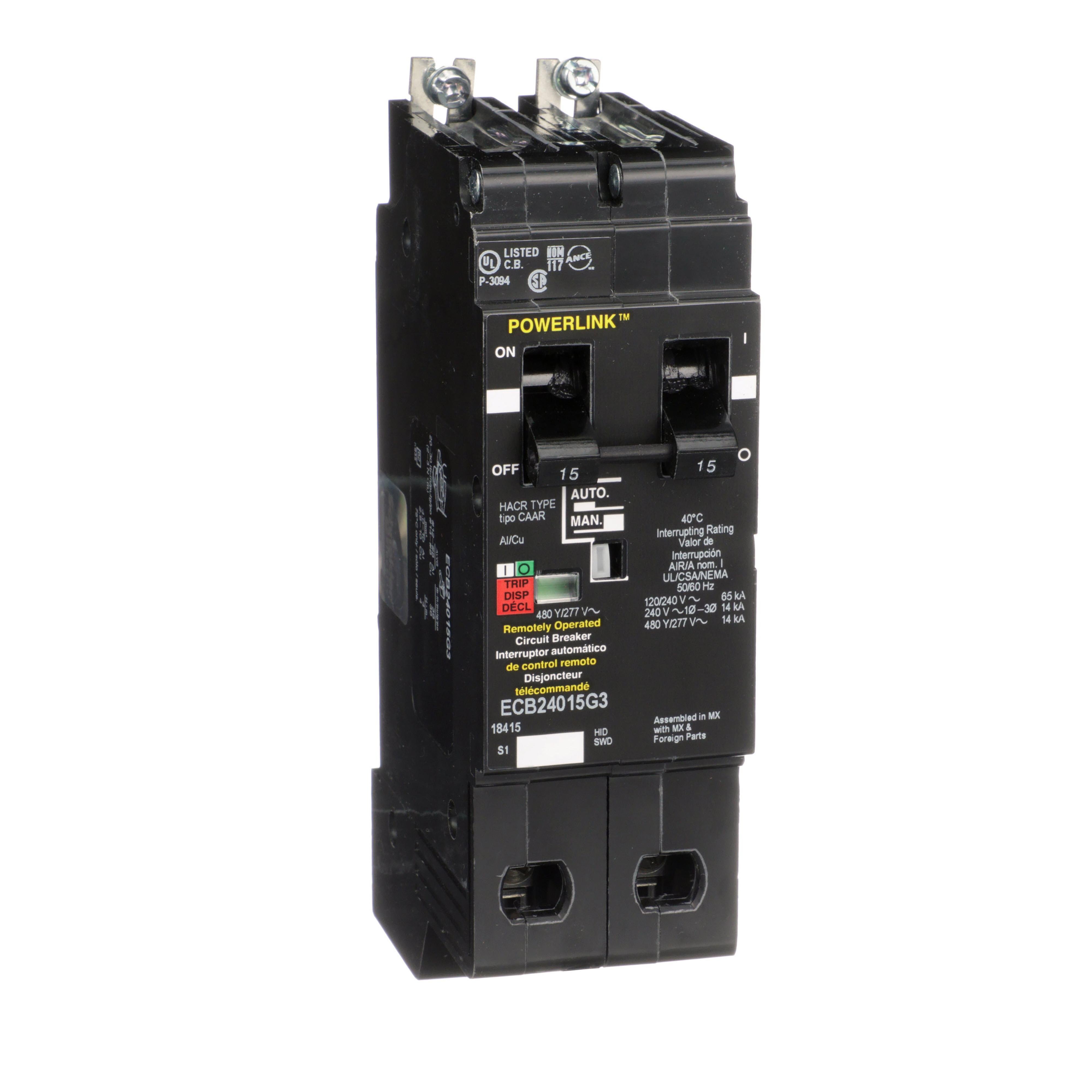ECB24015G3 - Circuit Breaker, PowerLink™, 15A, 2 pole, 480Y/277VAC, 14kA, remotely operated, bolt on mount [TAA]