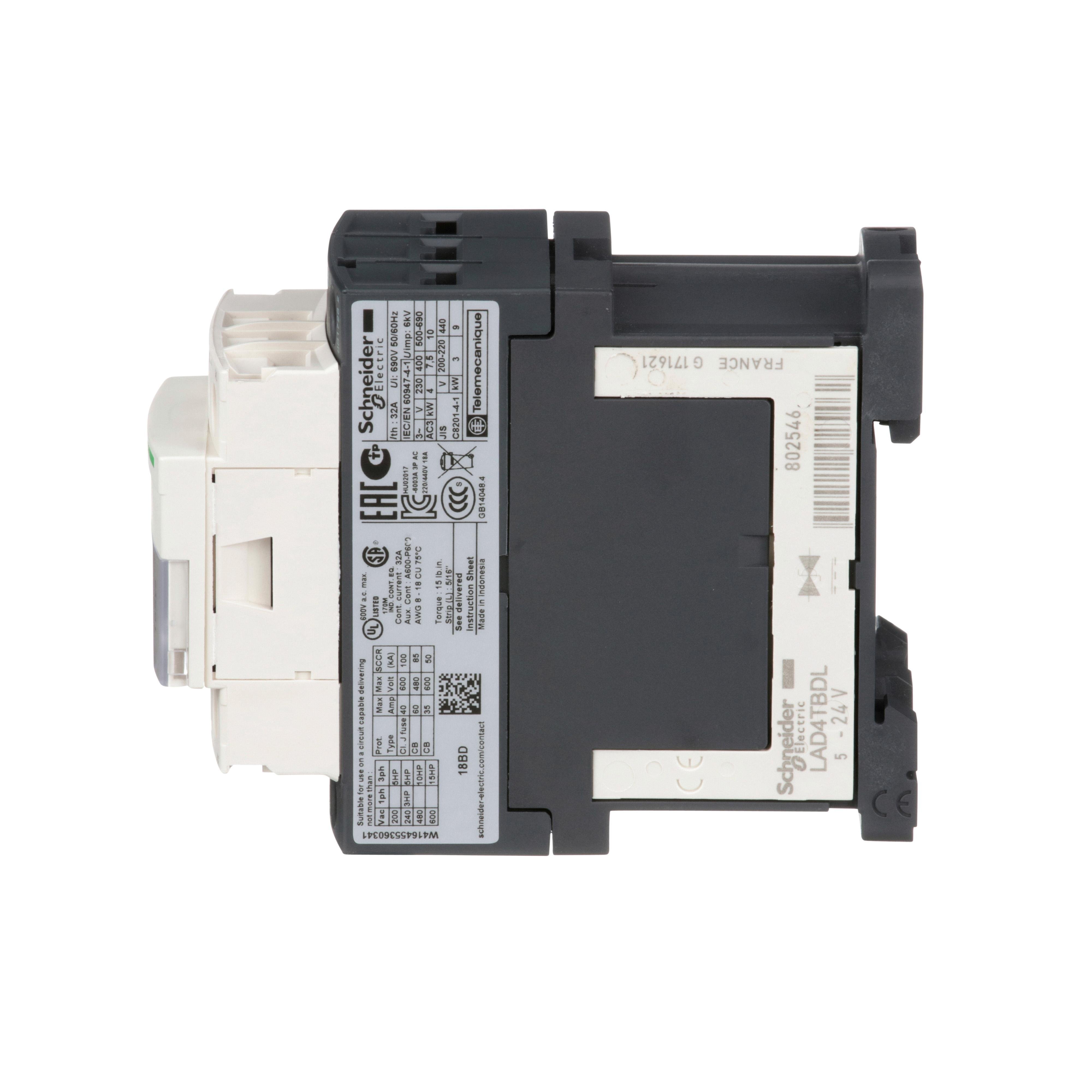 Picture of LC1D18BD - IEC contactor, TeSys Deca, nonreversing, 18A, 10HP at 480VAC, up to 100kA SCCR, 3 phase, 3 NO, 24VDC coil, open
