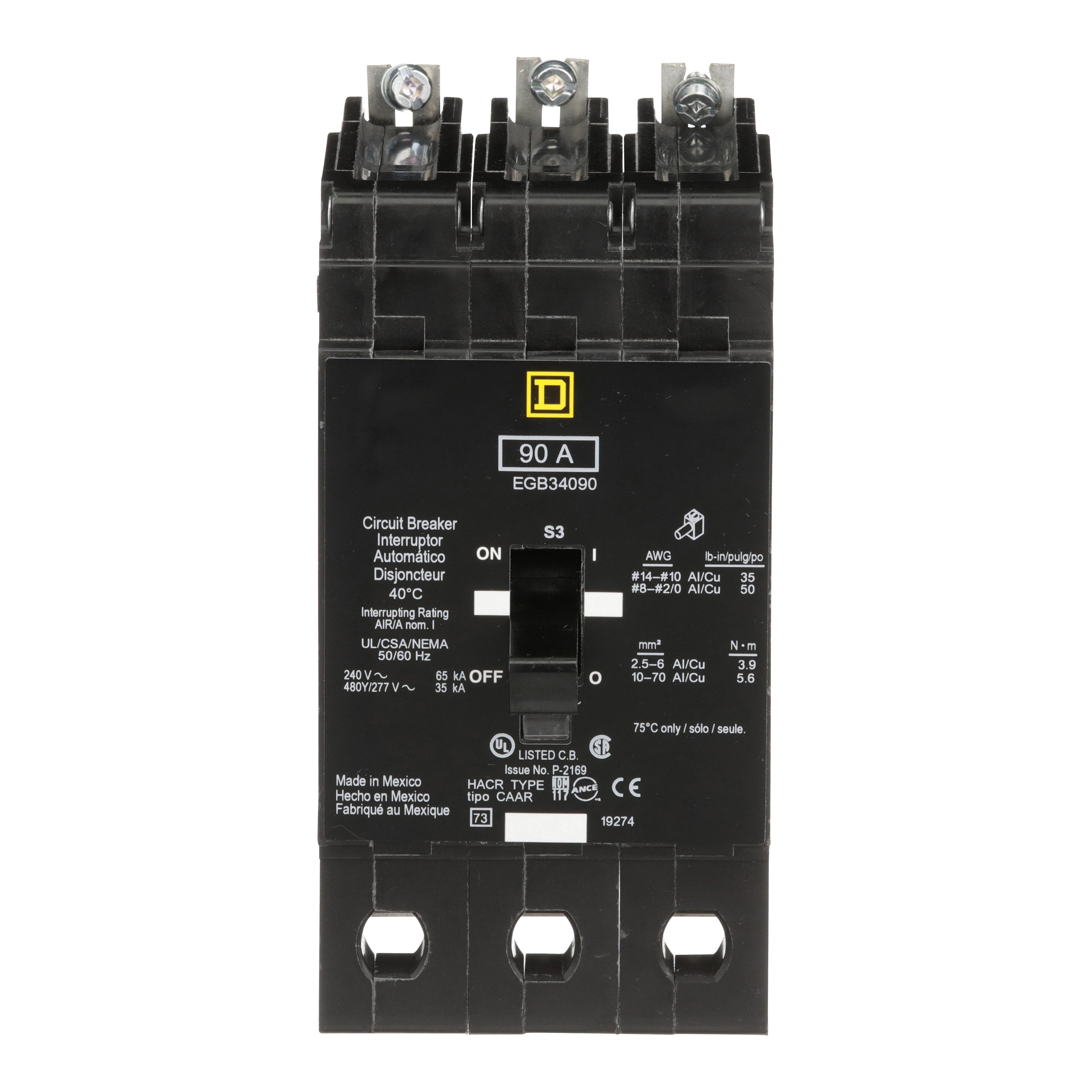 Picture of EGB34090 - Mini circuit breaker, E-Frame, 90A, 3 pole, 480Y/277VAC, 65kA max, bolt on [TAA]
