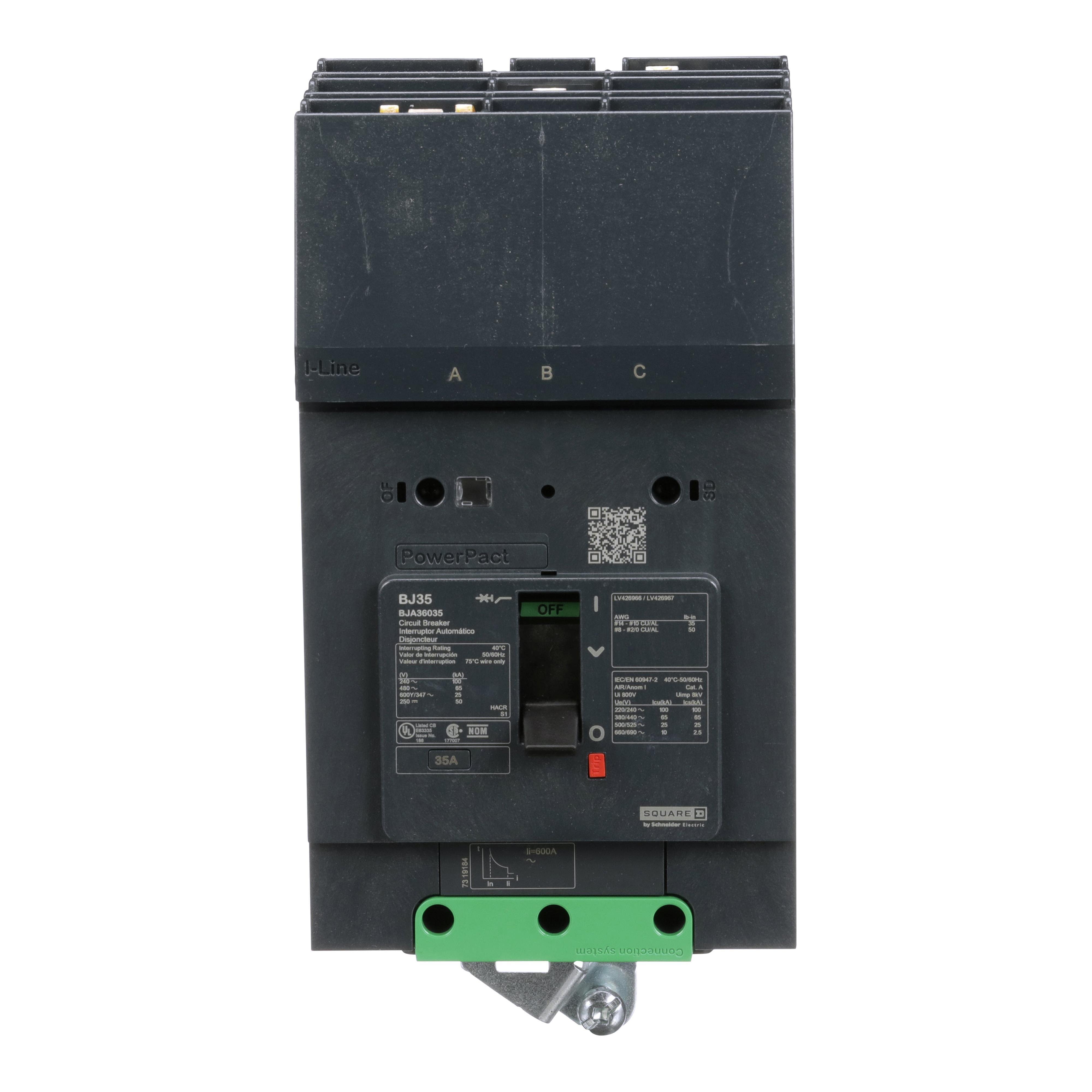 Picture of BJA36035 - Circuit breaker, PowerPacT B, 35A, 3 pole, 600Y/347VAC, 25kA, I-Line, thermal magnetic, 80%, ABC