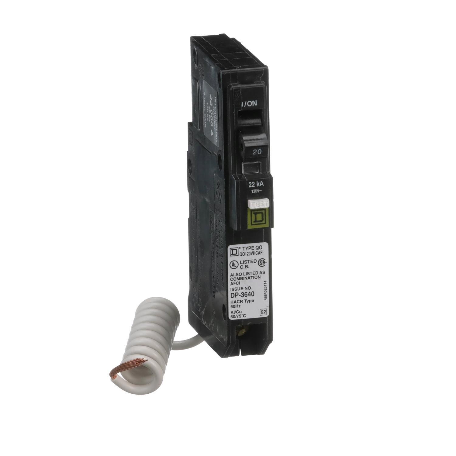 QO120VHCAFI - Mini circuit breaker, QO, 20A, 1 pole, 120VAC, 22kA, plug in, combo ARC fault, pigtail [TAA]